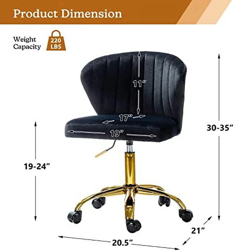 TINA' Office Desk Chairs with Wheels & Gold Base  JOMA Velvet Cute Armless Office Chair  Adjustable Low Back Swivel Rolling Chair  Upholstered Task Chair for Living Room Vanity St - Curated Treasures Market