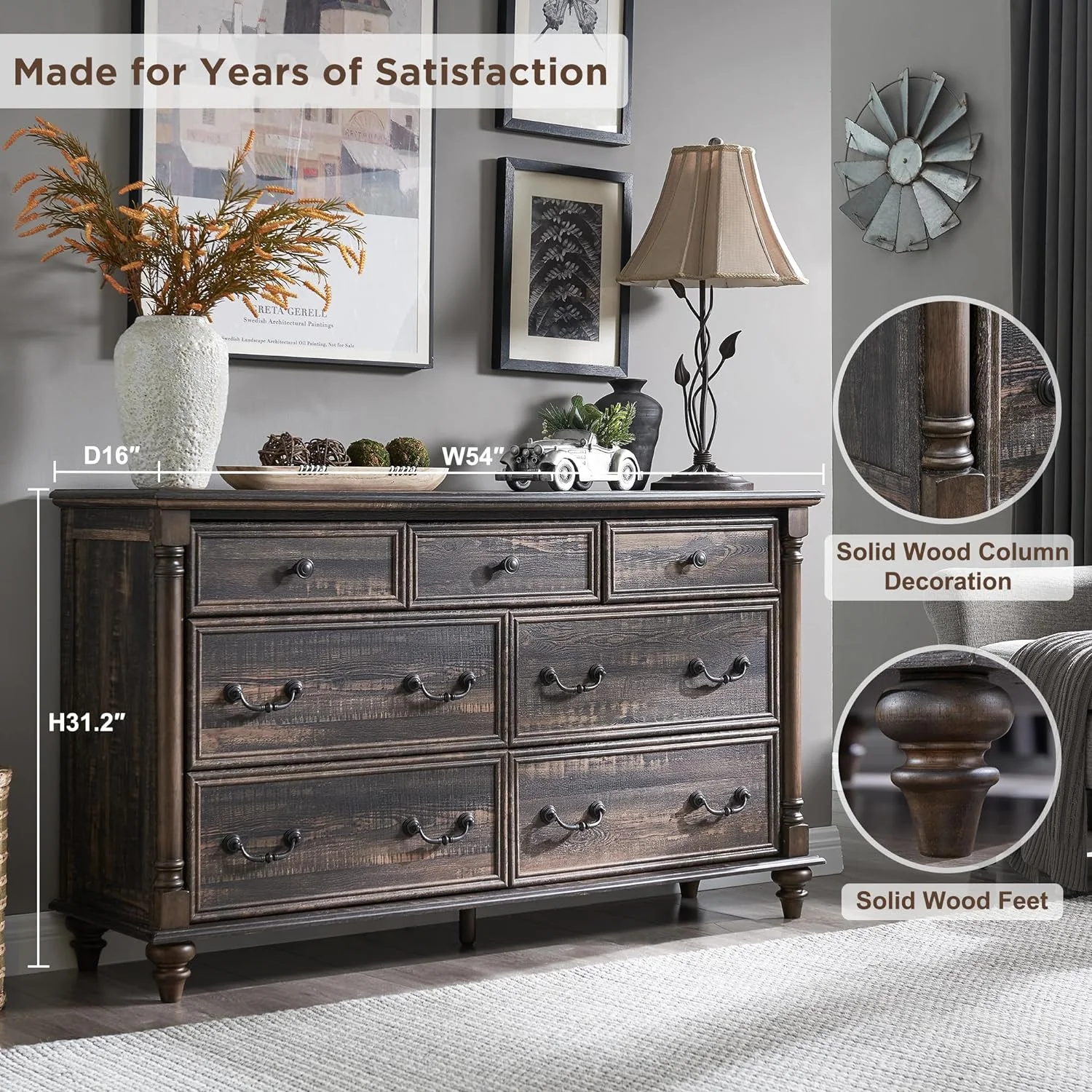 OKD Farmhouse 7 Drawers Dresser Chest for Bedroom Chests With Solid Wood Feet and Wood Chest of Drawers,Storage Organizer for Kids and Adult,Dark Rustic Oak