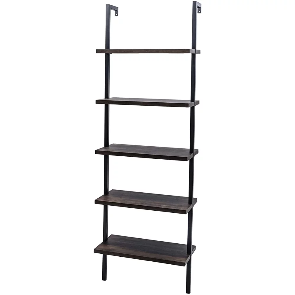 5-Shelf Wood Ladder Bookcase with Metal Frame, Industrial 5-Tier Modern Ladder Shelf Wood Shelves,Dark Walnut