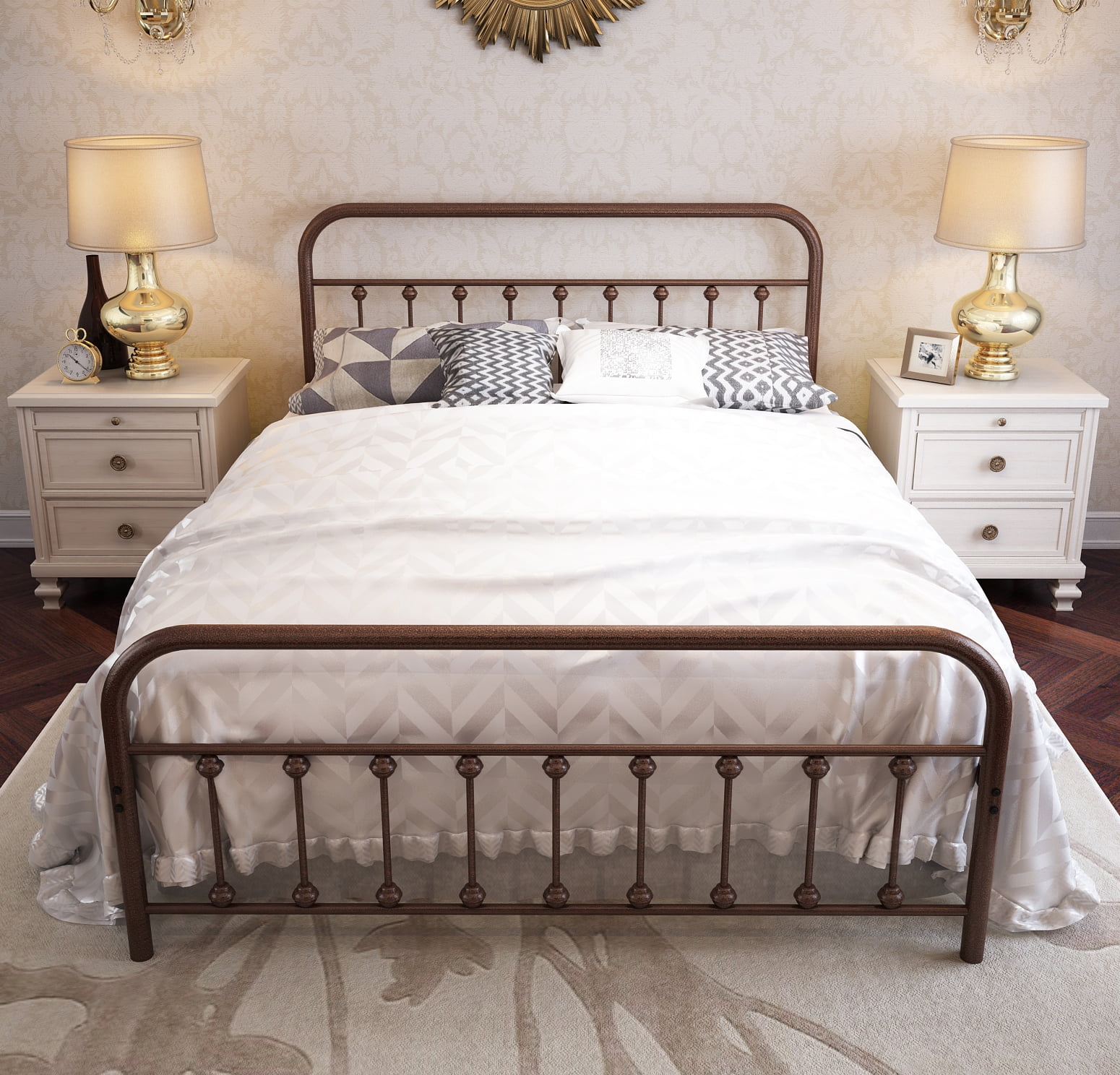 Vintage Sturdy Queen Size Metal Bed Frame with Headboard and Footboard Basic Bed Frame No Box Spring Needed，Antique Brown. - Curated Treasures Market