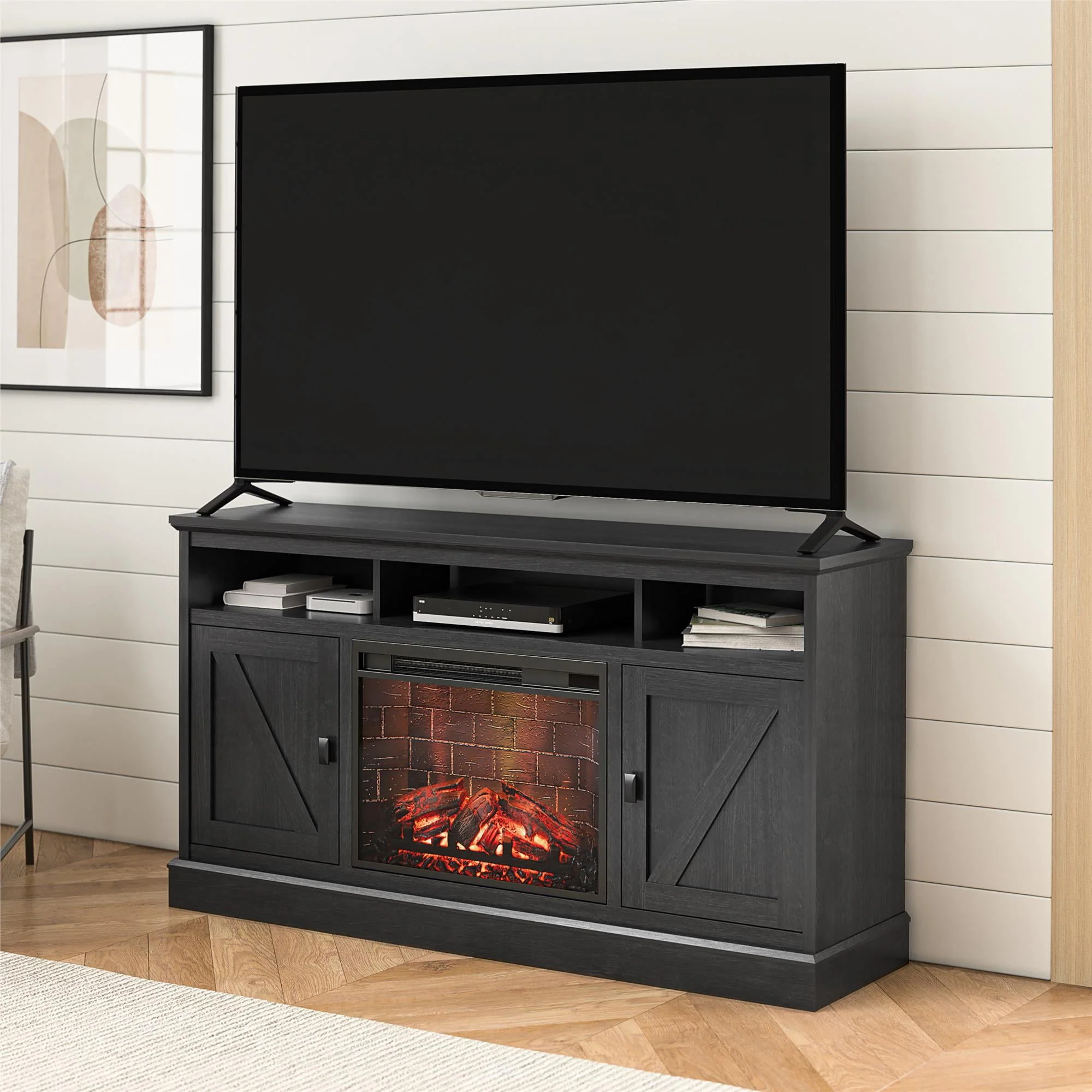 Ameriwood Home Ashton Lane Electric Fireplace TV Stand for TVs up to 65, Black Oak