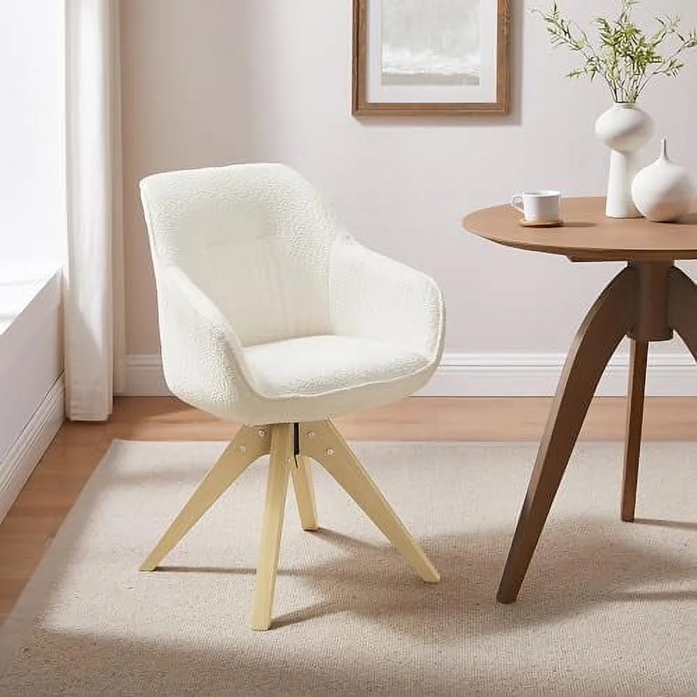 TJUNBOLIFE Dining Chair  Mid Century Modern Fabric Upholstered Swivel Dining Room Chair with Oak Wood Legs  Leisure Side Chair with Arms for Living Room  Off White - Curated Treasures Market