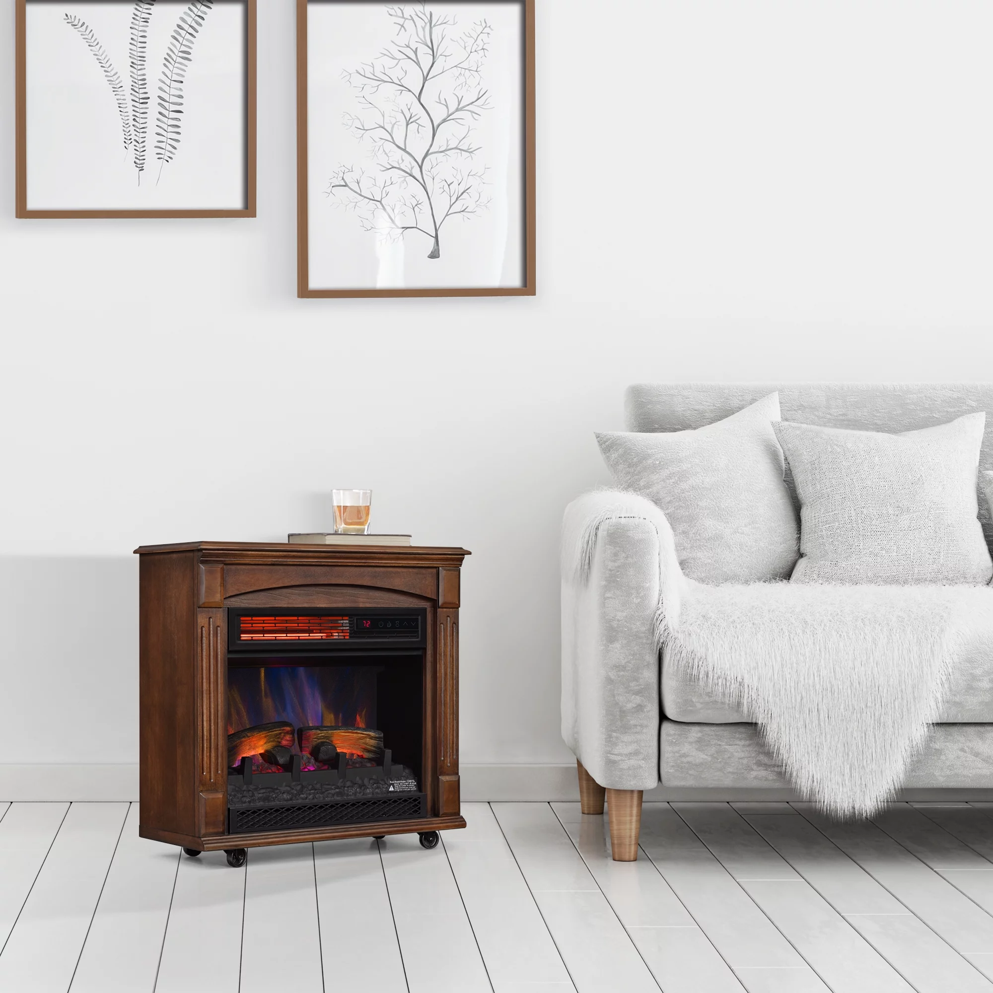 ChimneyFree Rolling Mantel with 3D Infrared Quartz Electric Fireplace, Caramel Birch