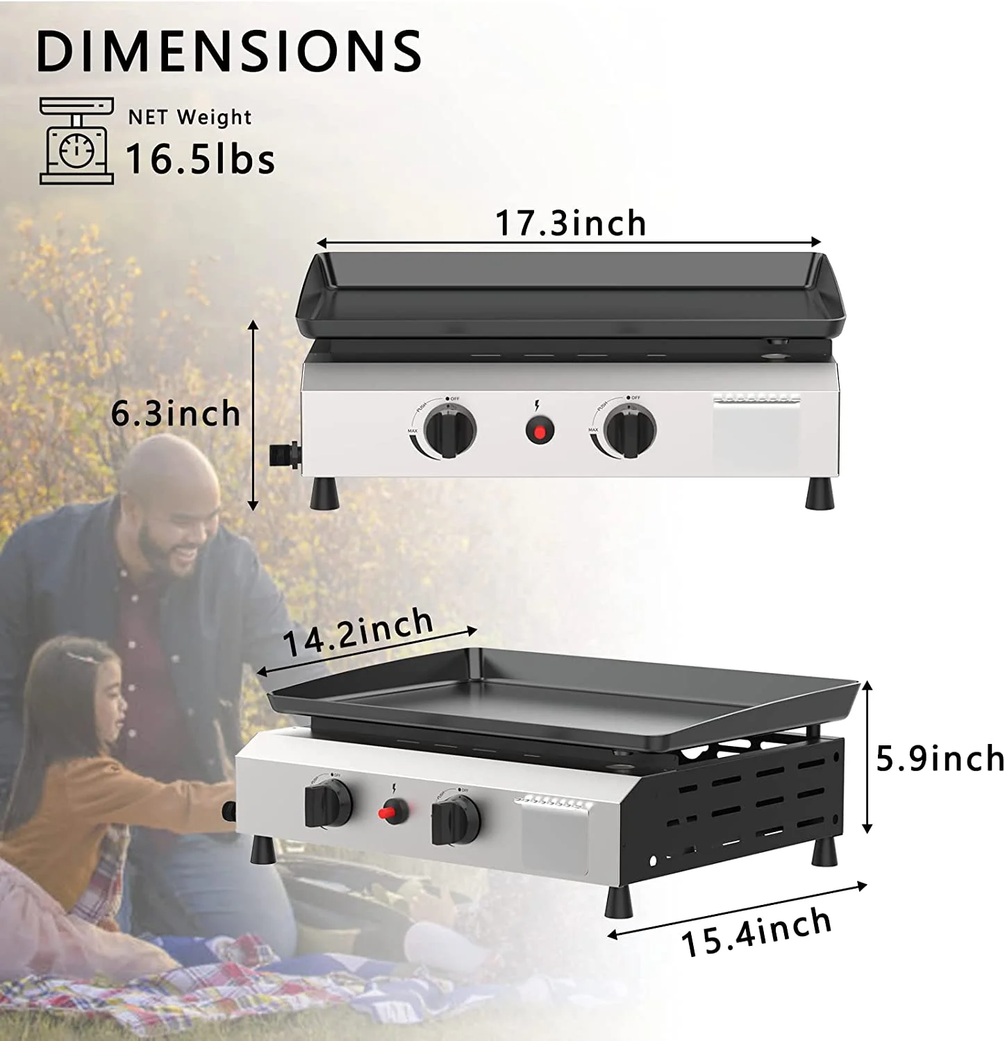 SKOK 3 Burner Gas Griddle-Outdoor Propane Griddle-BTU Propane Fuelled, Portable Flat Top Gas Grill Camping Griddle Station with Side Shelves for Kitchen