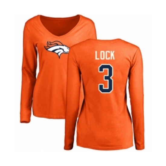 Football Women's Denver Broncos #3 Drew Lock Orange Name & Number Logo Long Sleeve T-Shirt