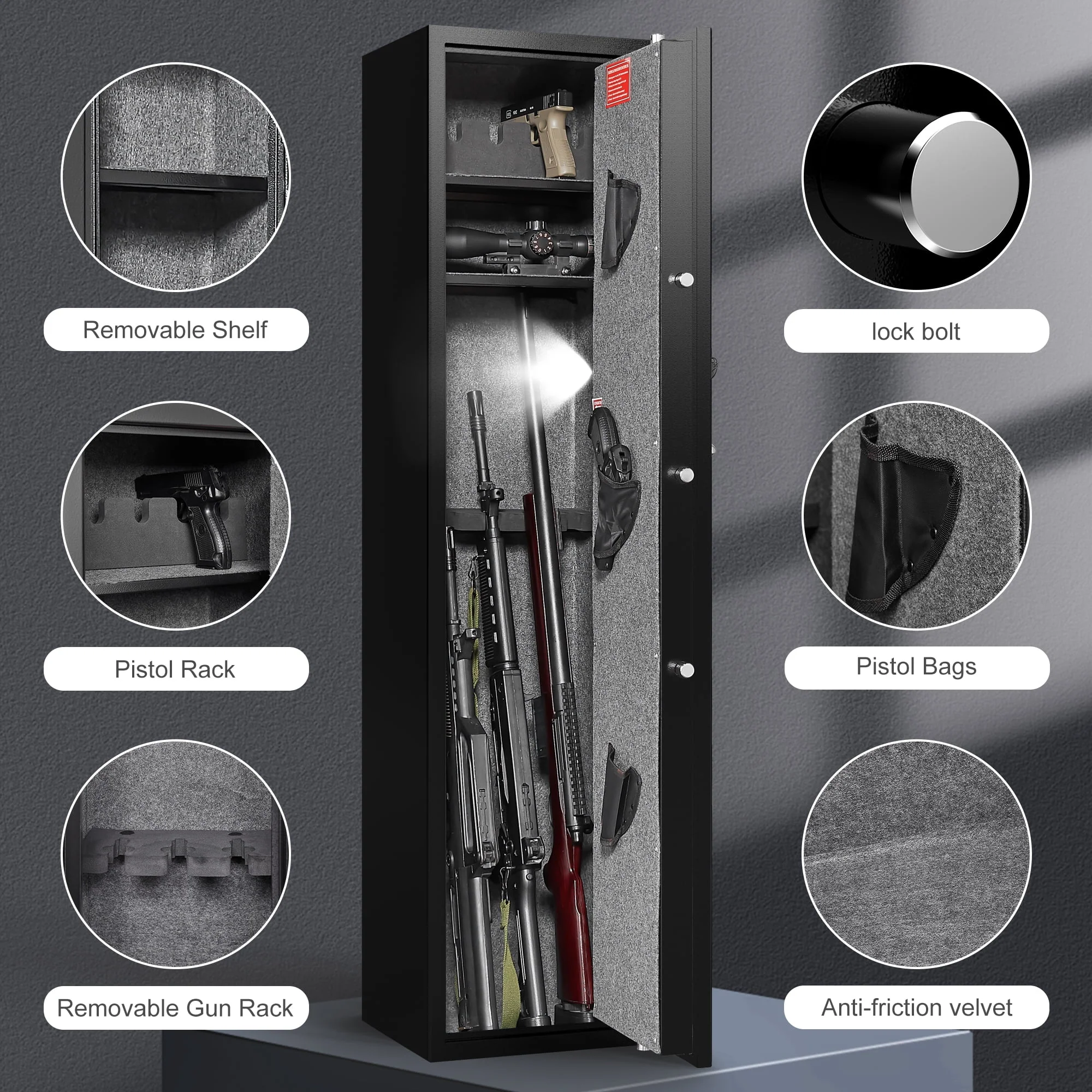 Marcree Rifle Digital Gun Safe, Long Quick Access Gun Safes, 3-5 Cabinet with Alarm System and Mute Function, Rifle Cabinet with LED Light Removable Shelf Home