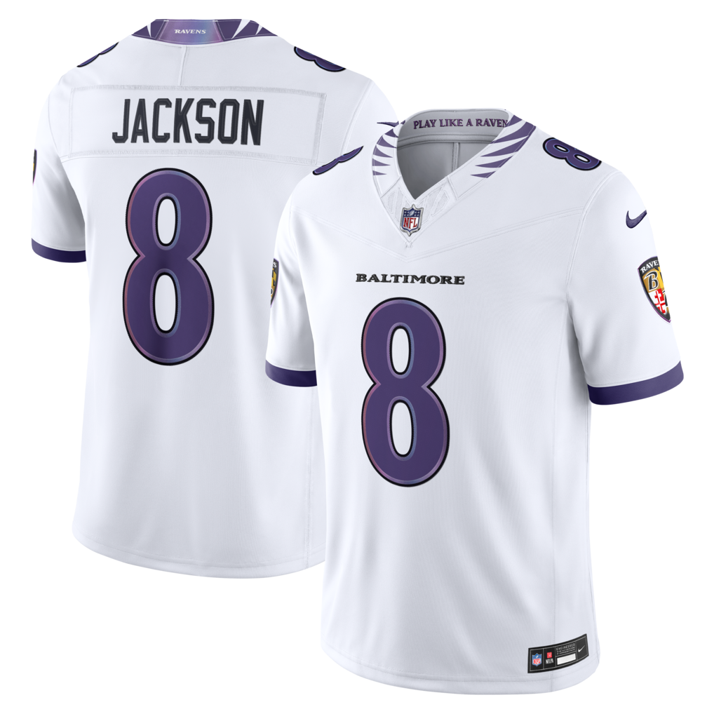 Men's Baltimore Ravens Lamar Jackson Nike White Vapor F.U.S.E. Sewn Down Limited Jersey