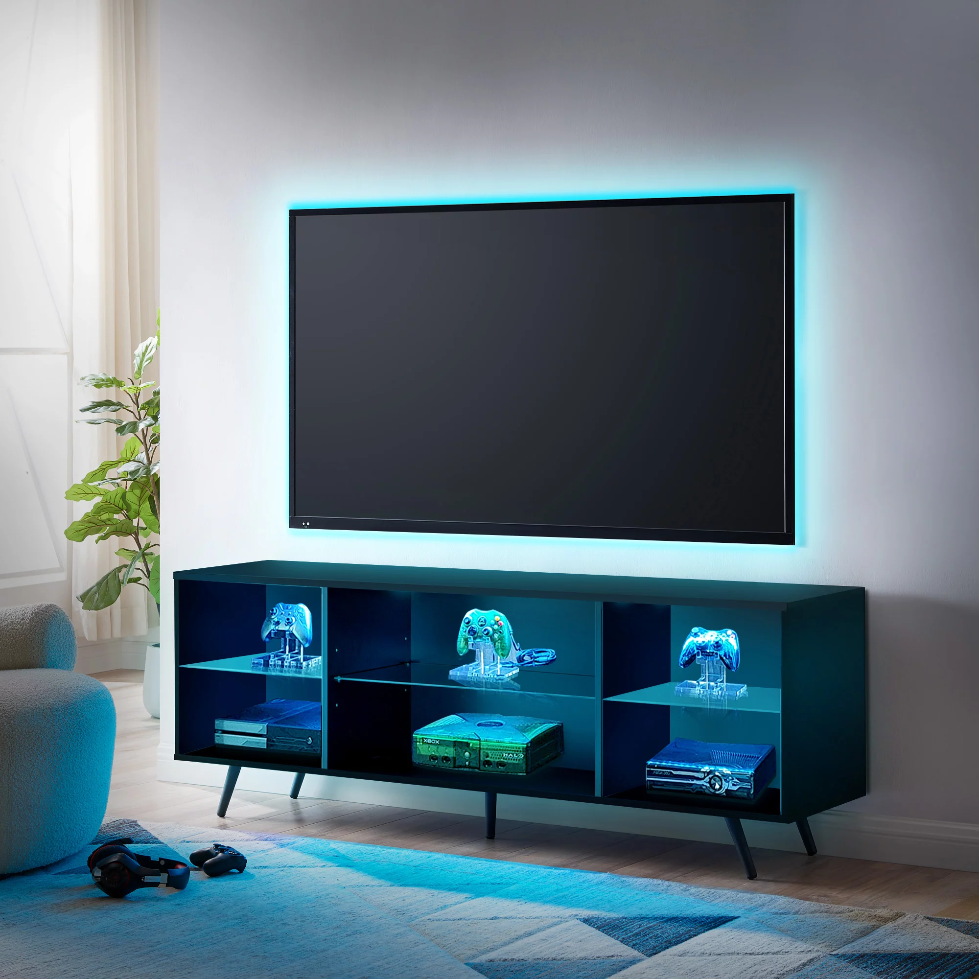 OKD Modern TV Stand for 75 inch TVs with Open Shelves and Large Storage, Wood and Metal Entertainment Center with Glass Door, Black - Curated Treasures Market