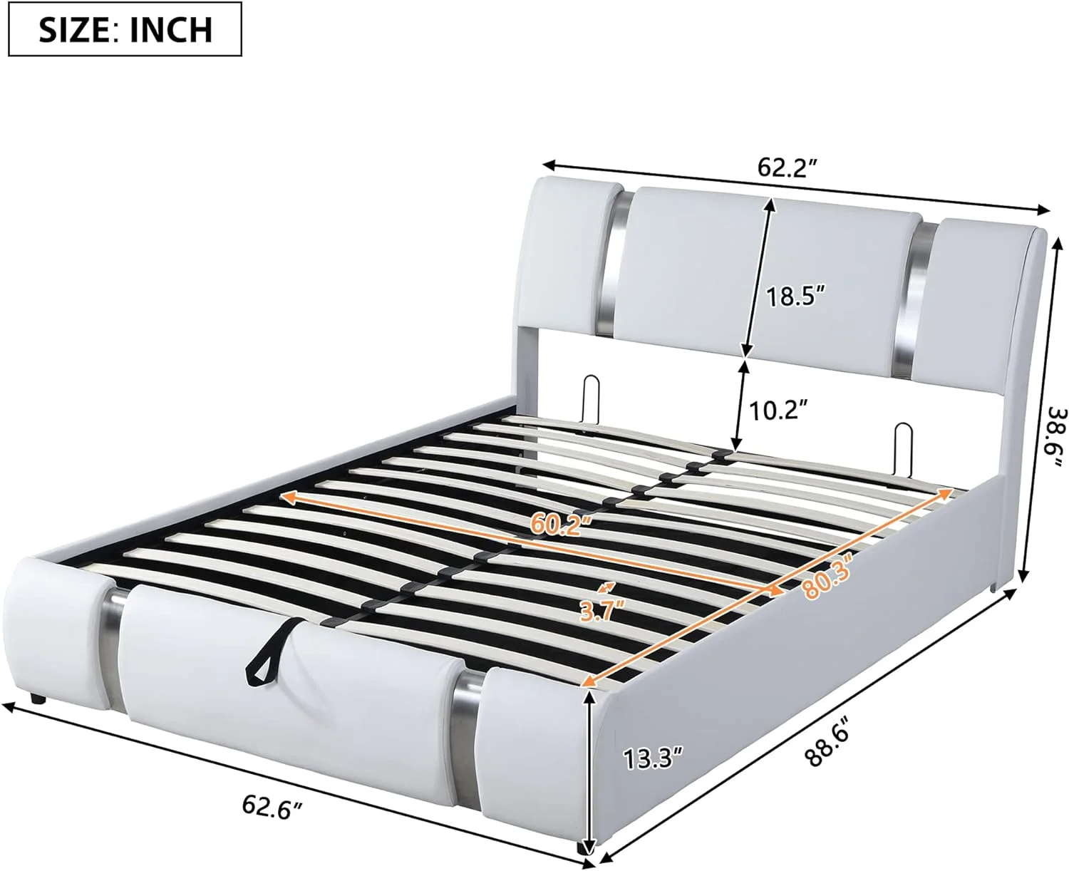 Quee Size Upholstered Bed Frame With Liftig Storage Moder Faux Leather Platform Bed With Iro Metal Decor Ad Padded Headboard. Woode Slat Support Ad Uder Bed Storage. White