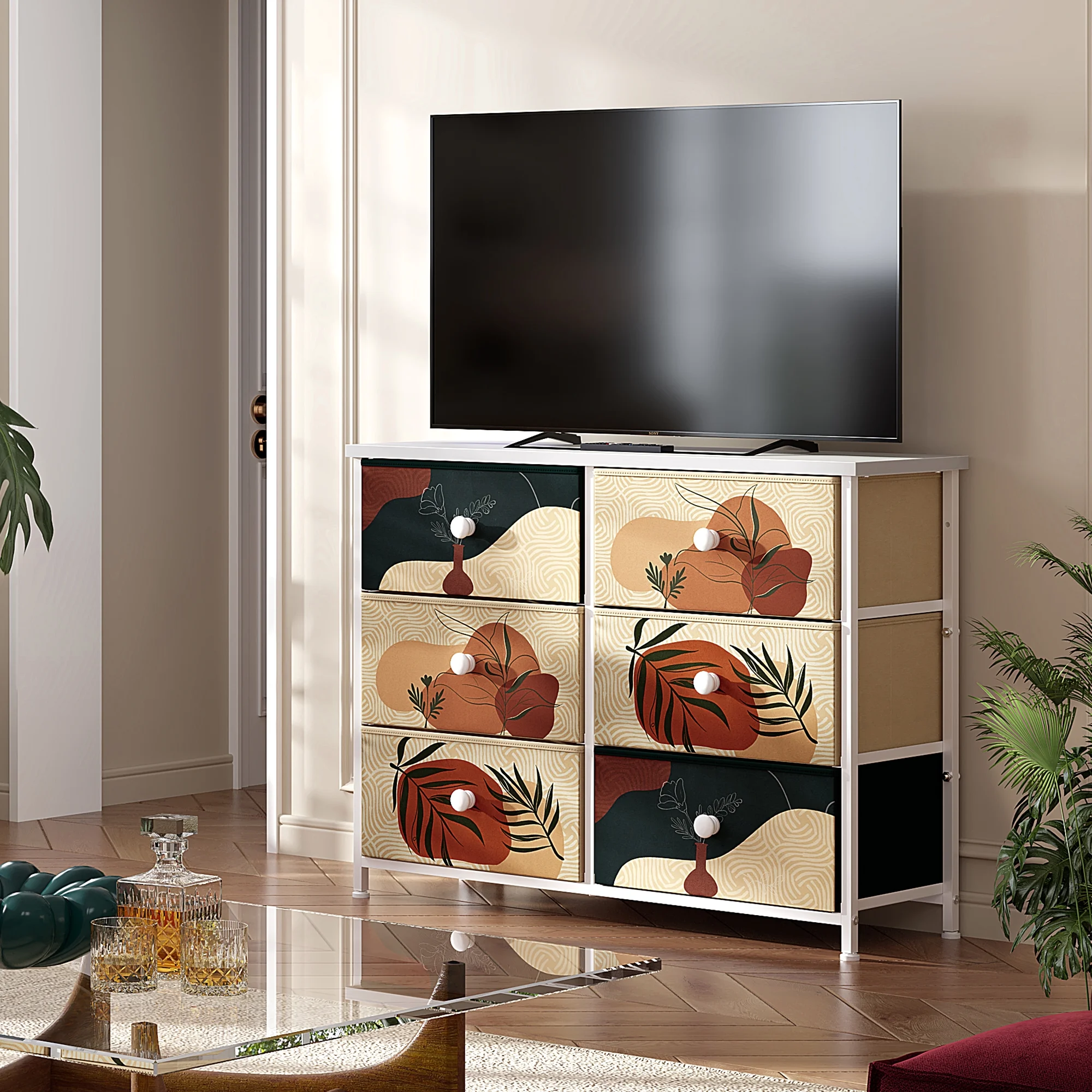 EnHomee 9 Drawer Dressers for Bedroom Furniture Dresser Chest of Drawers Storage Tower with Fabric Drawers & Wooden Top Boho Dresser for Closet Living Room Entryway, Printed