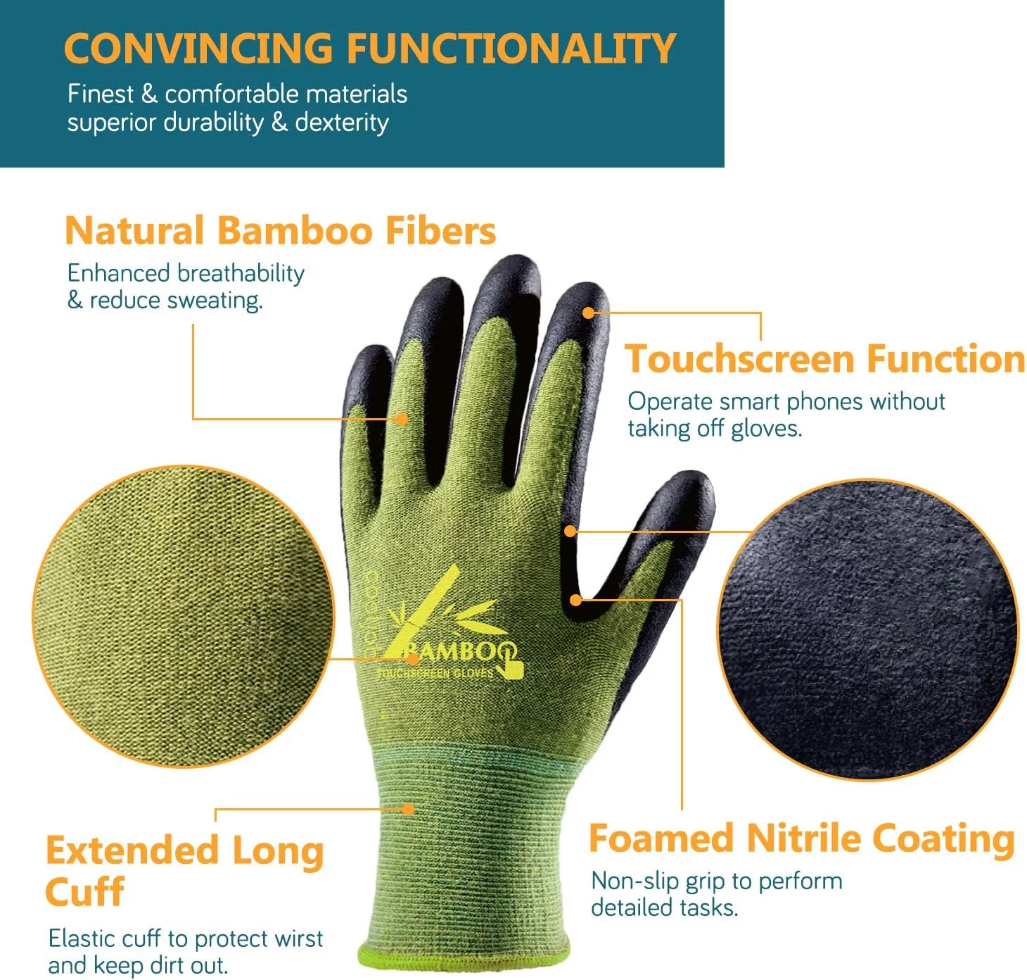 COOLJOB Bamboo Work Gloves Men and Women, Breathable Nitrile Rubber Coated Gardening Gloves, Safety Working Gloves Touchscreen for Fishing Gardening Industrial Repair, Green Medium Size (2 Pairs M) - Curated Treasures Market