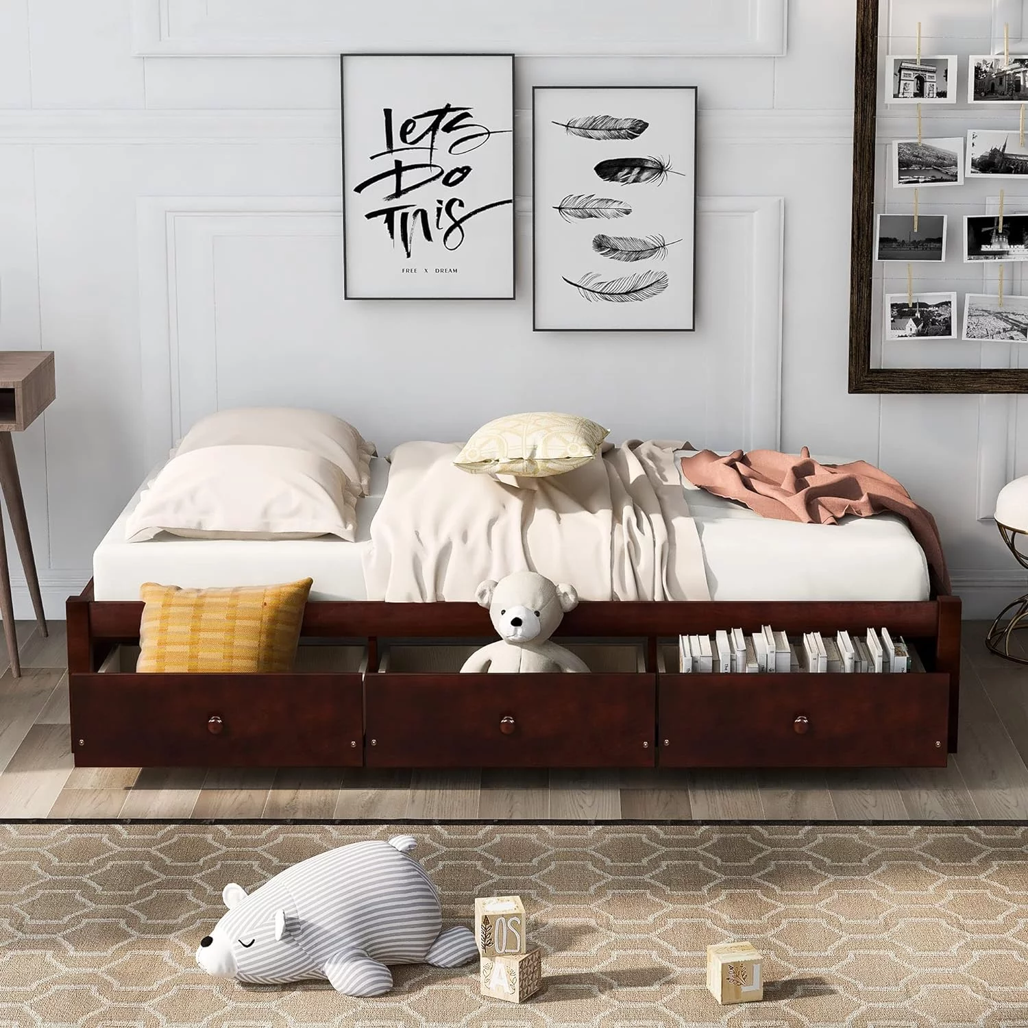 Size Platform Storage Bed With 3 Drawers. Solid Wood Bed Frame. No Box Spring Needed. Cherry