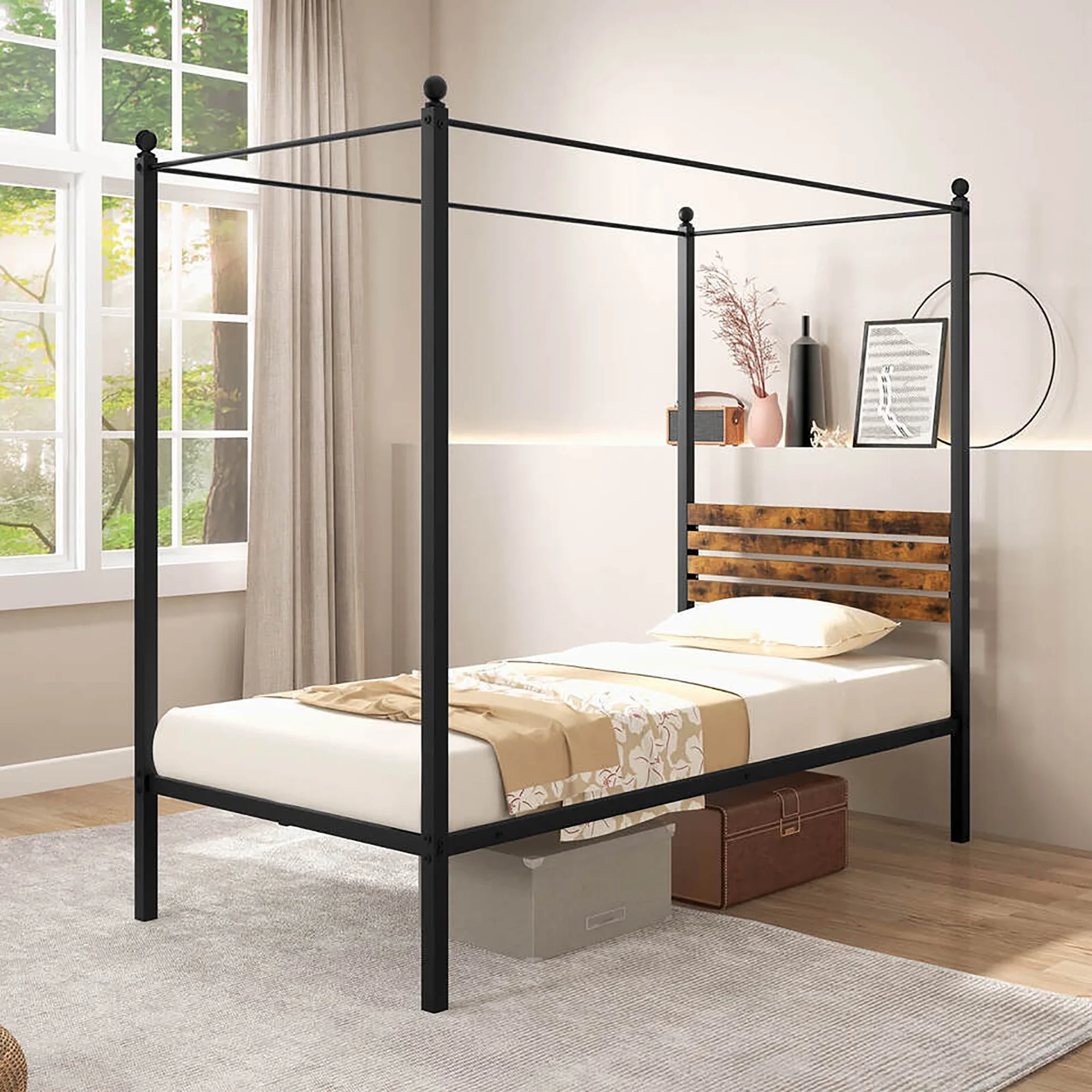 Gymax Queen Size 4-Post Canopy Bed Frame Rustproof Metal Noise-free with Foot Pads
