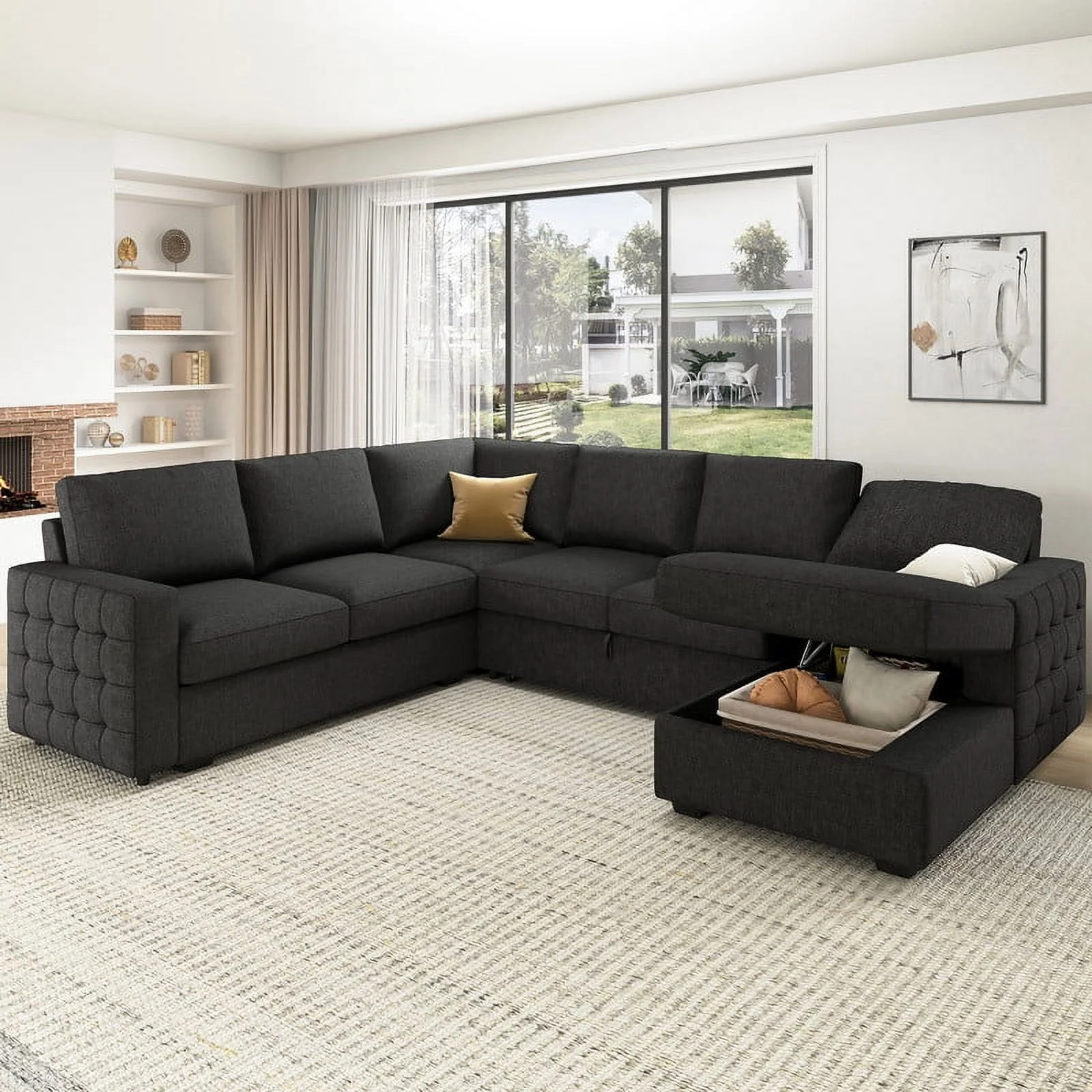 HONBAY Modern Convertible Sleeper Sectional Sofa Couch with Pull-out Bed and Storage Chaise, Dark Grey - Curated Treasures Market