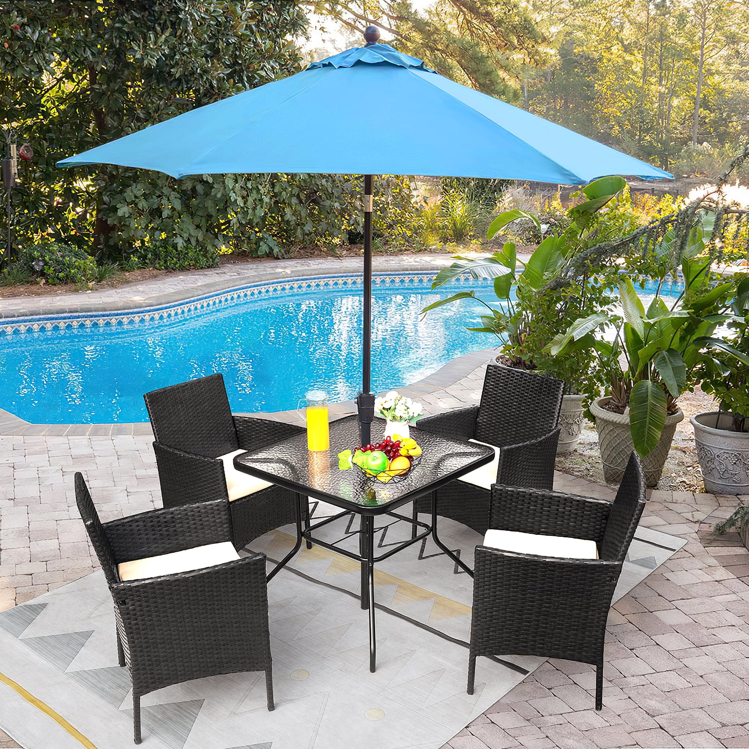 LACOO 5 Seating Capacity Patio Furniture Dining Set Outdoor Wicker Chairs with Tempered Glass Table, Beige Cushion, Metal Frame - Curated Treasures Market