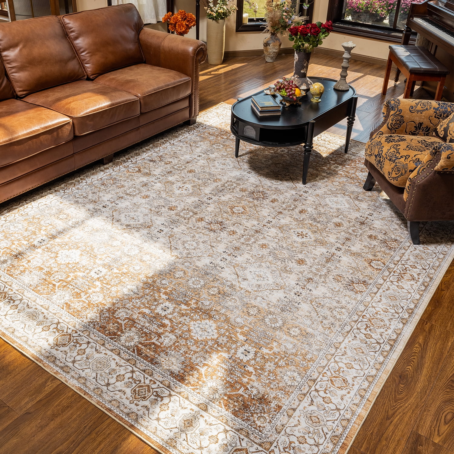 SIXHOME 5'x7' Area Rugs for Living Room Washable Rugs Ombre Vintage Floral Living Room Rug Soft Distressed Indoor Carpet Country Boho Rug for Bedroom Dining Room Kitchen Foldable Nonslip Rug Taupe - Curated Treasures Market