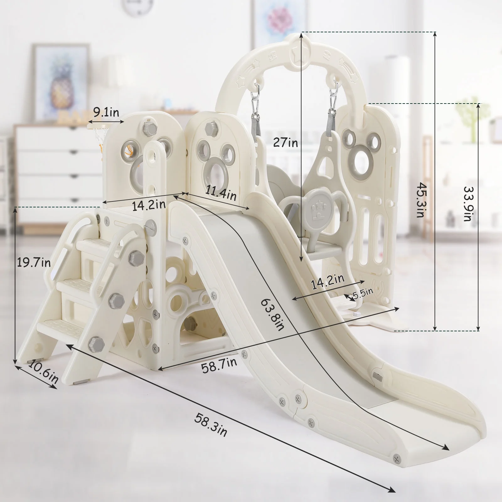 Pirecart 5 in 1 Toddler Slide and Swing Set, Large Toddler Slide Climber Playset with Basketball Hoop - Curated Treasures Market