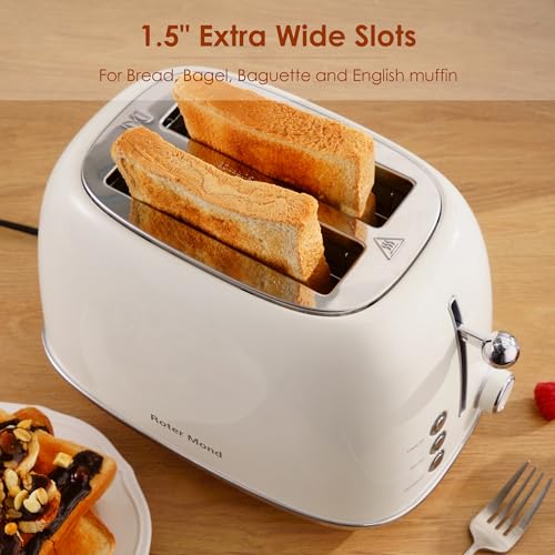 Roter Mond 2 Slice Toaster Retro Stainless Steel Toaster with Bagel, Cancel, Defrost Function and 6 Bread Shade Settings Bread Toaster, Extra Wide Slot and Removable Crumb Tray, ST028