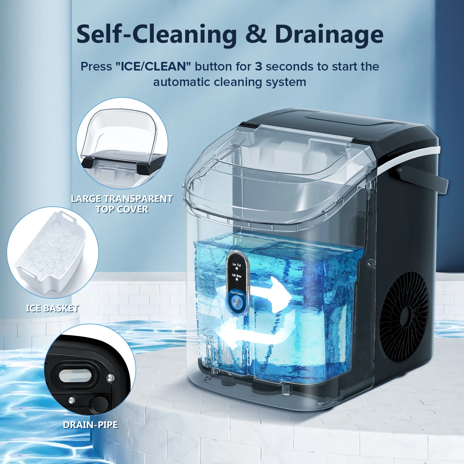 Havato Nugget Portable Ice Maker, 33lbs/24H, Self-Cleaning Function, First Choice for Home/Office/Parties - (Black) - Curated Treasures Market