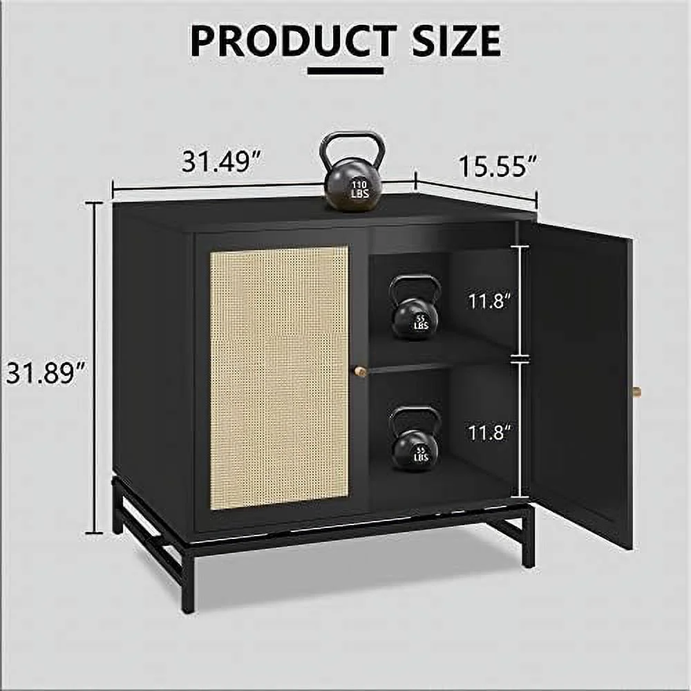 GEROBOOM Black Sideboard Buffet Cabinet with   Rattan Cabinet Accent Cabinet with 2 Doors Kitchen  Cabinet Console Table with Adjustable Shelves Entryway Cabinet for Dining Room Living Ro - Curated Treasures Market