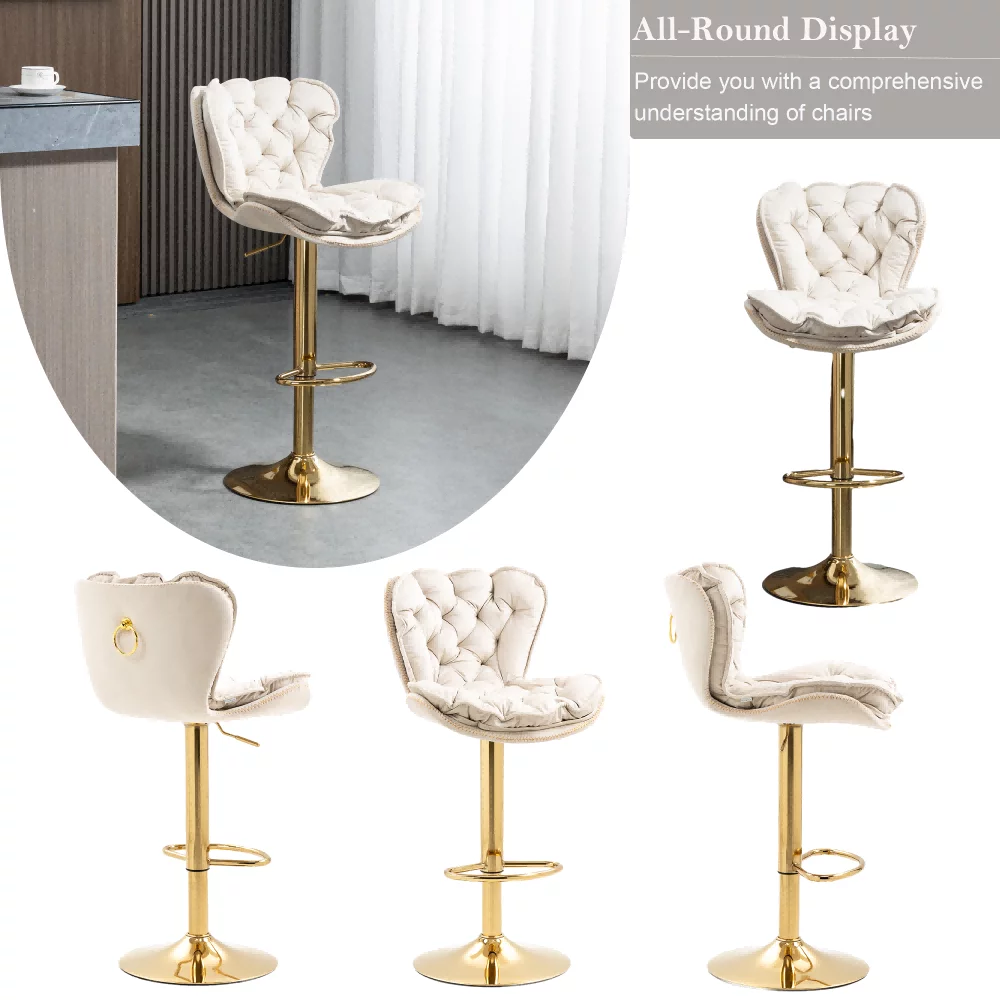 Modern Velvet Tufted Kitchen Stool with Golden Base, Swivel Bar Stools, Adjustable Bar Chair with Back Tufted Stool for Home Bar Kitchen Island(Ivory,Set of 2) - Curated Treasures Market