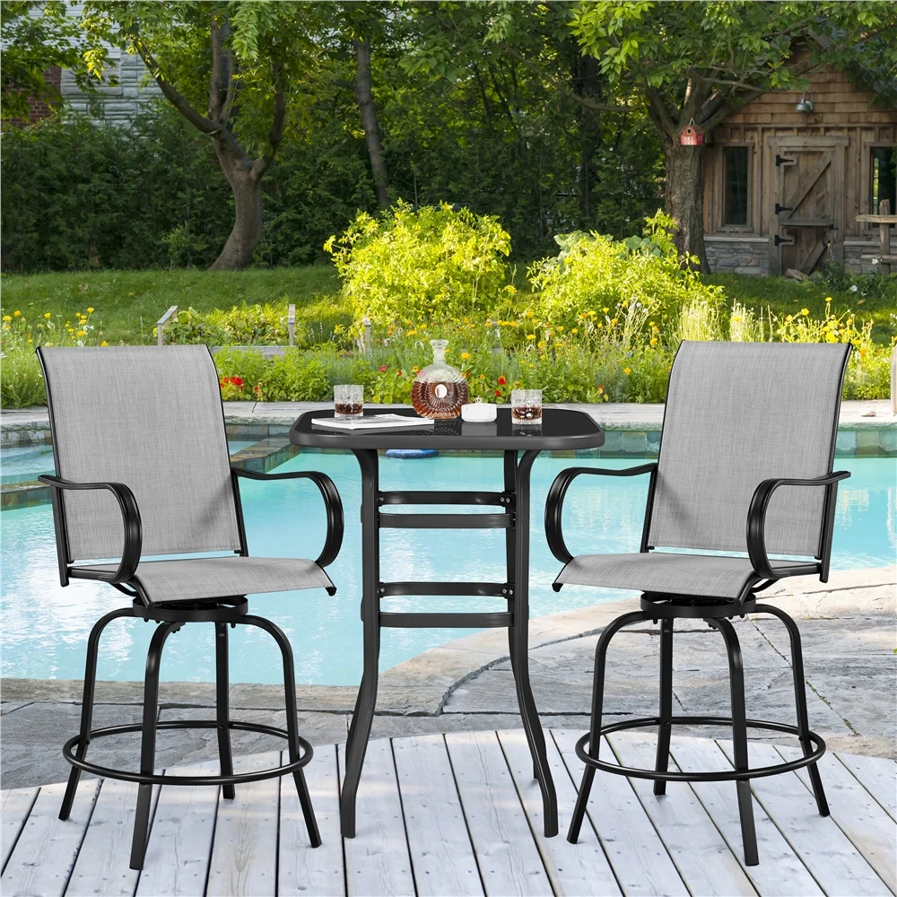 Yaheetech Outdoor Swivel Texteline Bar Stools with Armrest and Footrest, Set of 2, Black/Light Gray - Curated Treasures Market