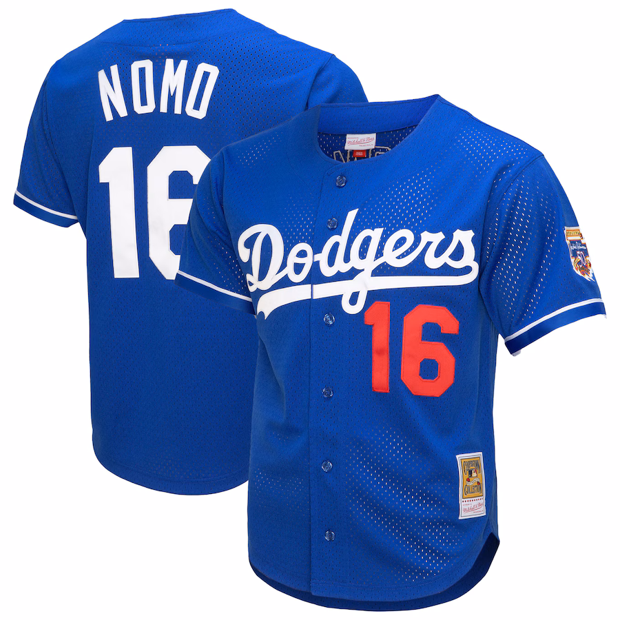 Men's Los Angeles Dodgers Hideo Nomo Mitchell & Ness Royal Cooperstown Collection Mesh Batting Practice Button-Up Jersey