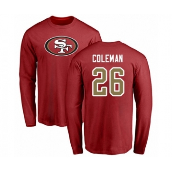 Football San Francisco 49ers #26 Tevin Coleman Red Name & Number Logo Long Sleeve T-Shirt