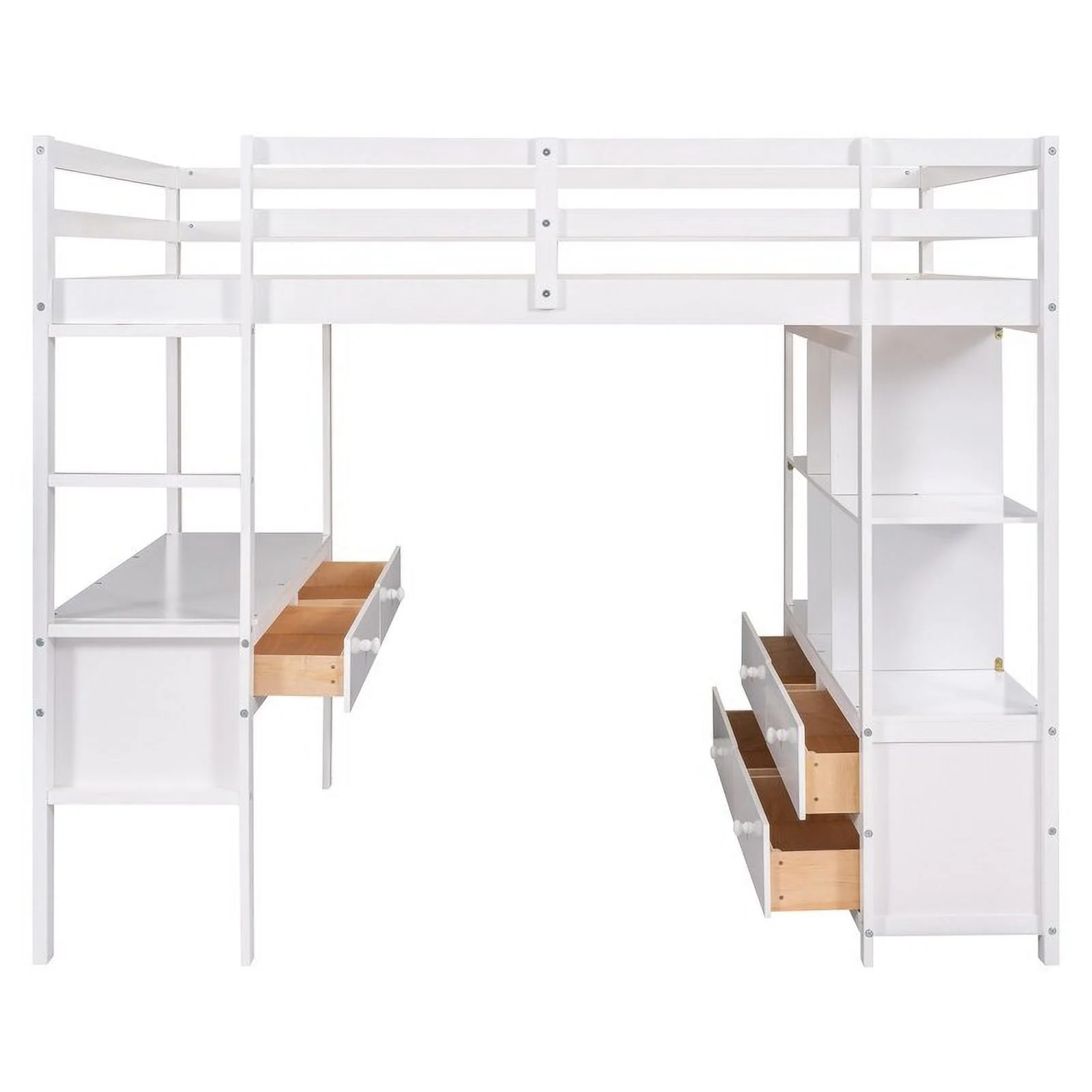 Full Size Wooden Loft Bed with Built-in Desk with Two Drawers, and Storage Shelves and Drawers For Kids White - Curated Treasures Market