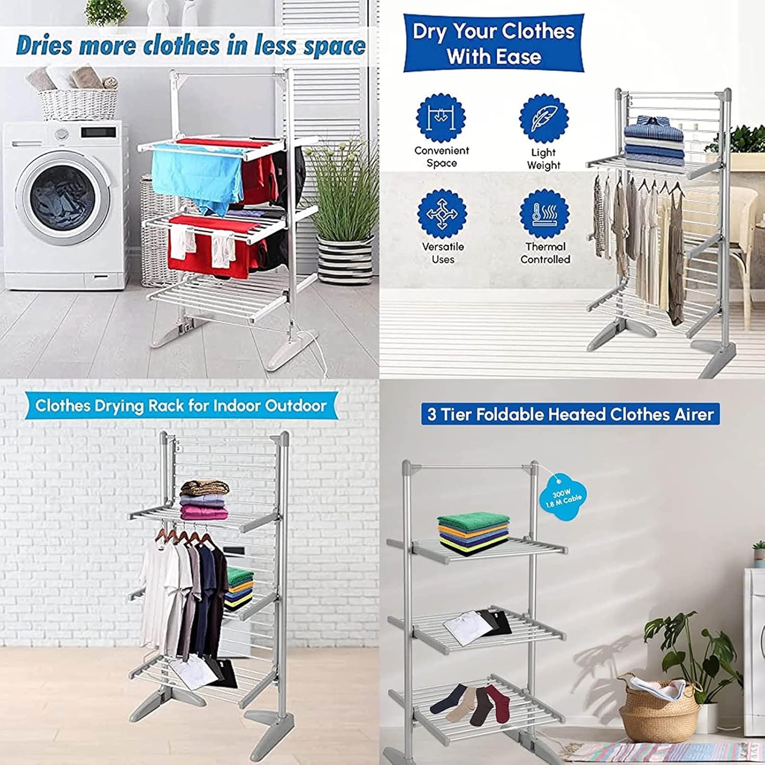 Electric Dryer Clothes Airer,3-Tier Foldable Heated Clothes Airer,Floor-Standing Clothes Drying Rack for Home Kitchen,Living Room,Bathroom,Laundry,300W Energy Efficient