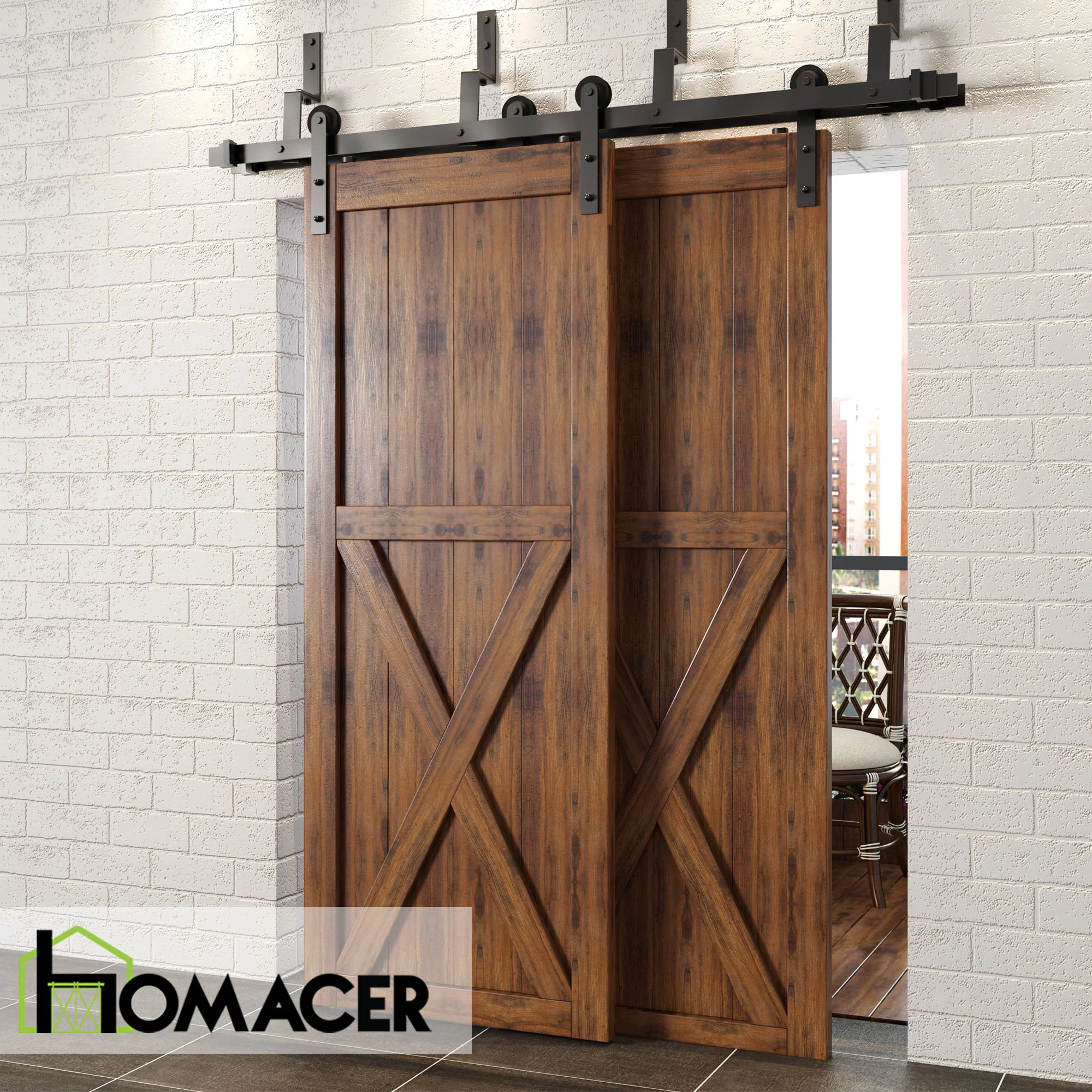 Homacer Black Rustic Double Track Z-Shape Bypass Sliding Barn Door Hardware Kit, for Two/Double Doors, 7.5ft Long Flat Track, Straight Design Roller, Heavy Duty, for Interior & Exterior Use - Curated Treasures Market
