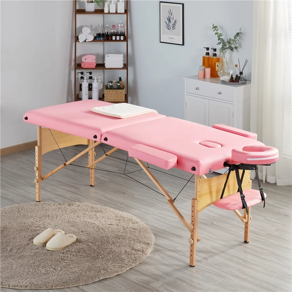 Easyfashion 2 Sectional Adjustable Folding Massage Table, Maximum Weight Capacity 220 lb,Pink - Curated Treasures Market