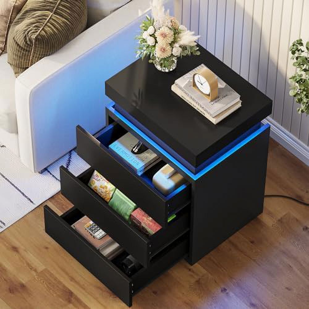 GEROBOOM Nightstand with Charging Station and LED Lights  Led Nightstand with Sliding Top  Bedside Table with Drawers  Modern End Table  with USB Ports and Outlets (Black) - Curated Treasures Market