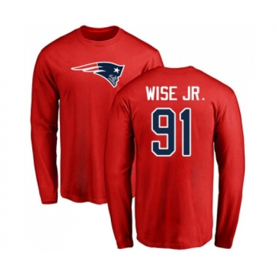 Football New England Patriots #91 Deatrich Wise Jr Red Name & Number Logo Long Sleeve T-Shirt