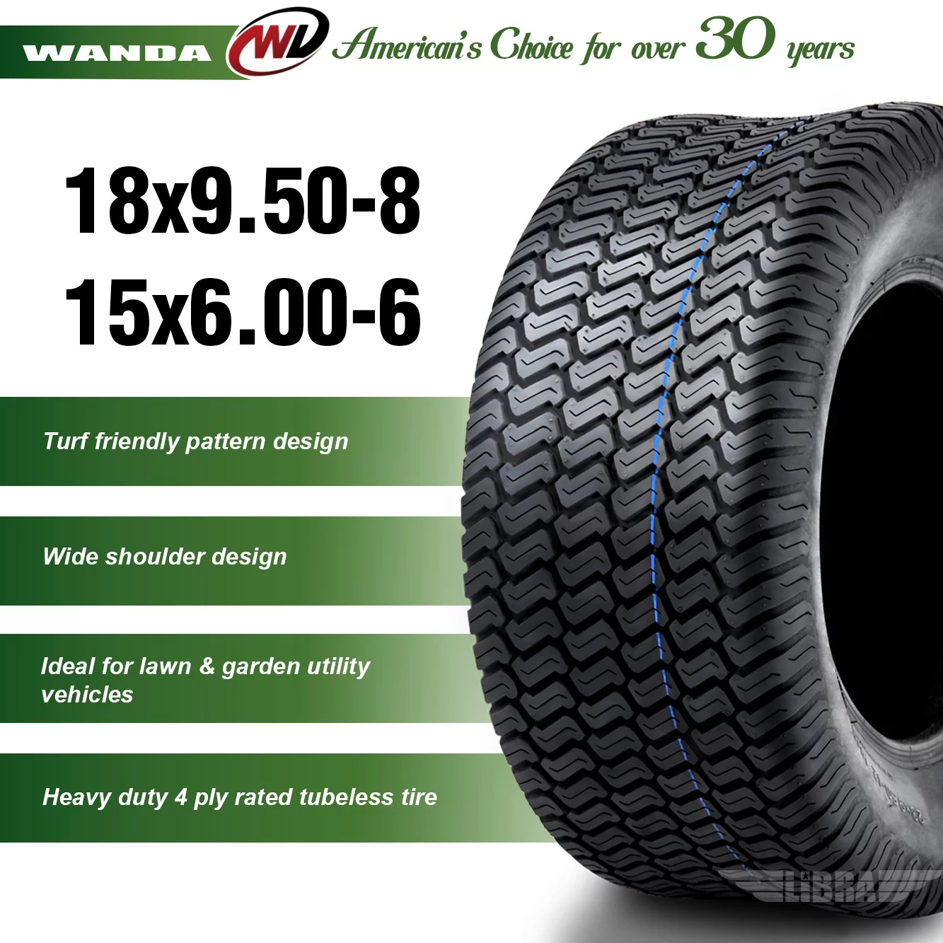 Set of 4 New Lawn Mower Turf Tires 15x6-6 Front & 18x9.5-8 Rear /4PR -13016/32