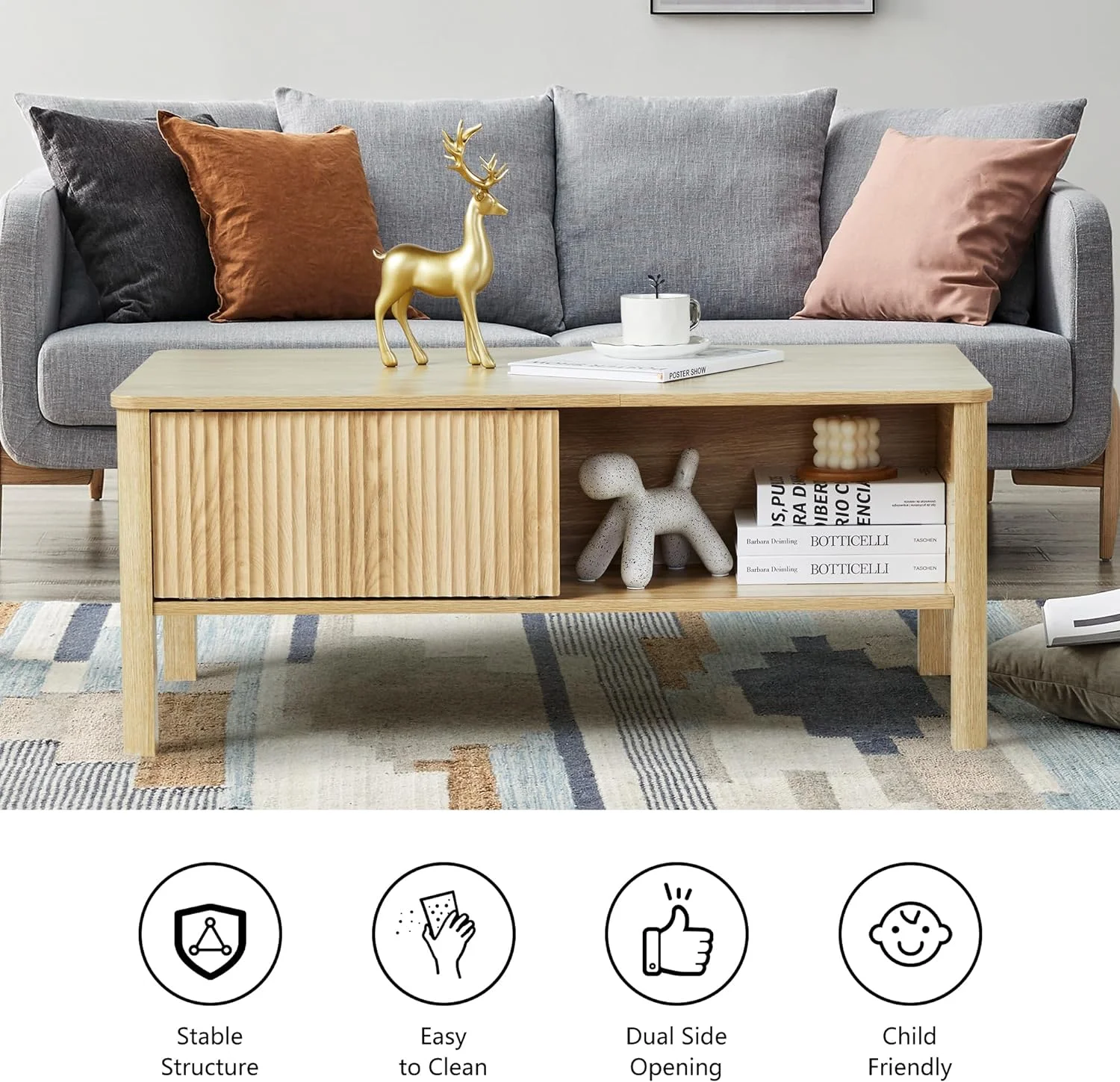 Wirrytor Mid-Century Modern Rectangular Wood Coffee Table with Dual Storage Shelf, Storage Center Coffee Tables with Waveform Panel Sliding Door Dining Table for Living Room Apartment(Natural) - Curated Treasures Market