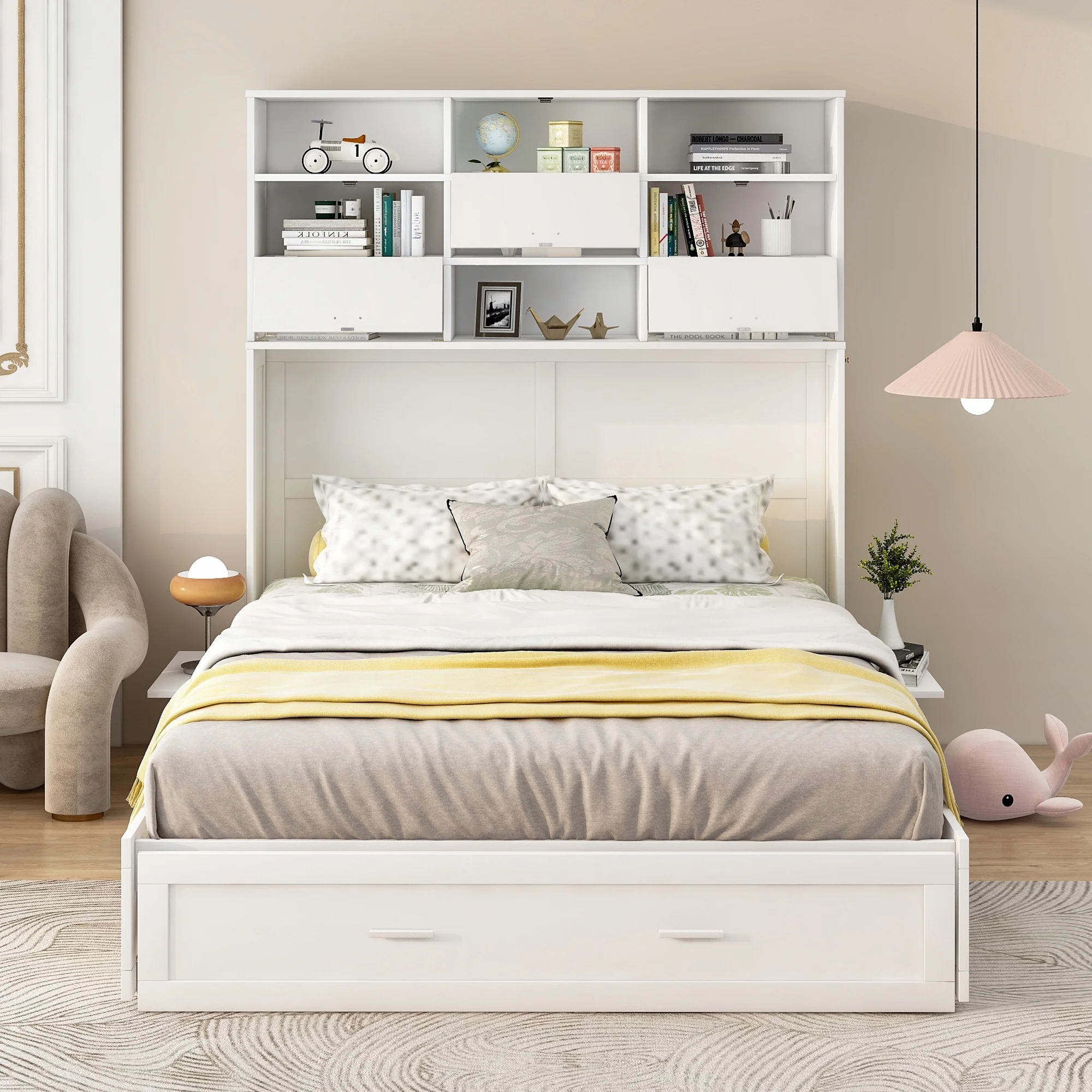 Euroco Queen Size Murphy Bed with Bookcase, Shelf and Drawer, Convertible into a Cabinet with Bookcase for Living Room, Space-Saving & Easy Open and Close, White - Curated Treasures Market