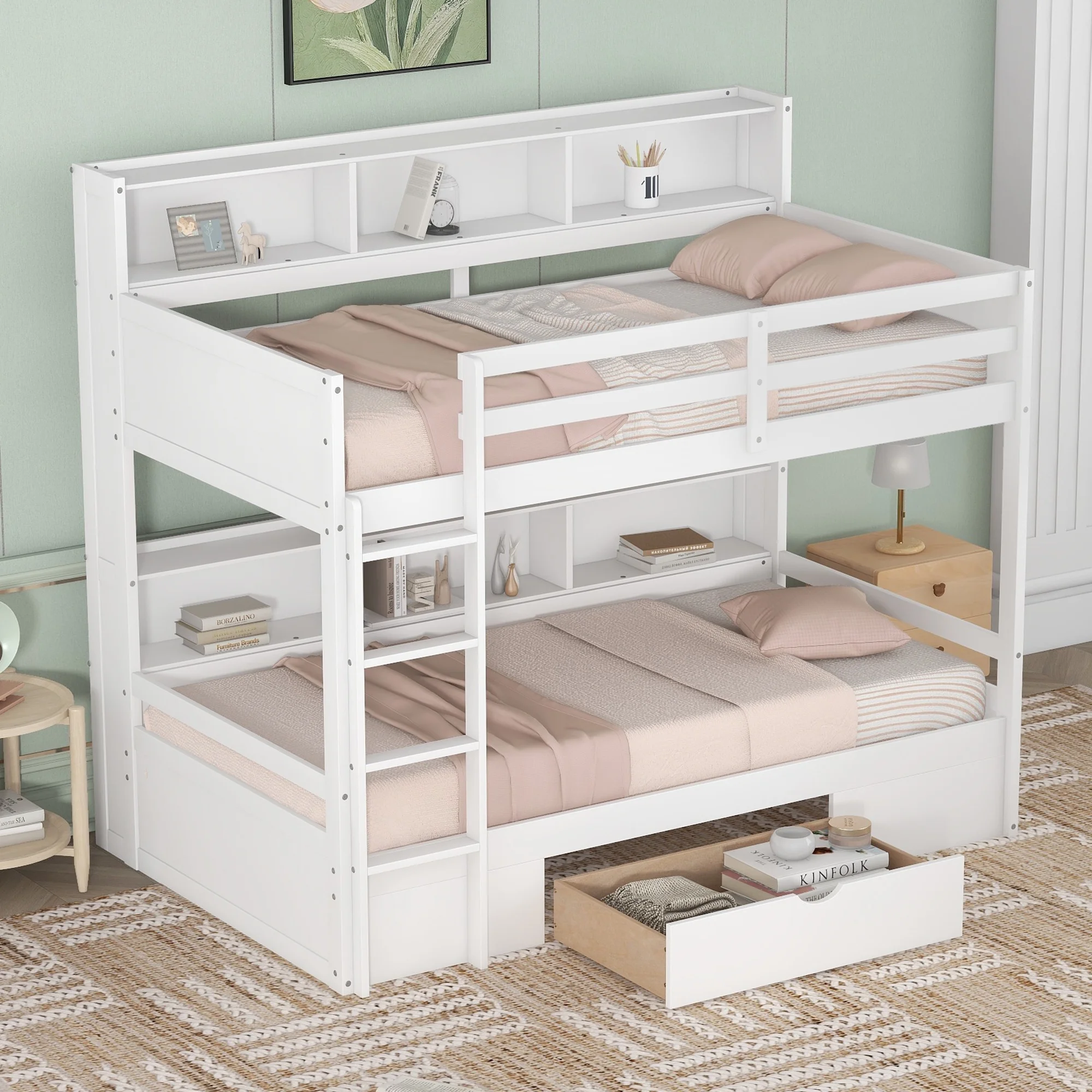 iRerts Twin Over Twin Bunk Bed with Storage Drawer, Wood Twin Bunk Bed with Built-in Shelves Beside Both Upper and Down Bed, Bunk Bed Twin Over Twin for Kids Teens Bedroom, No Box Spring Needed, White - Curated Treasures Market