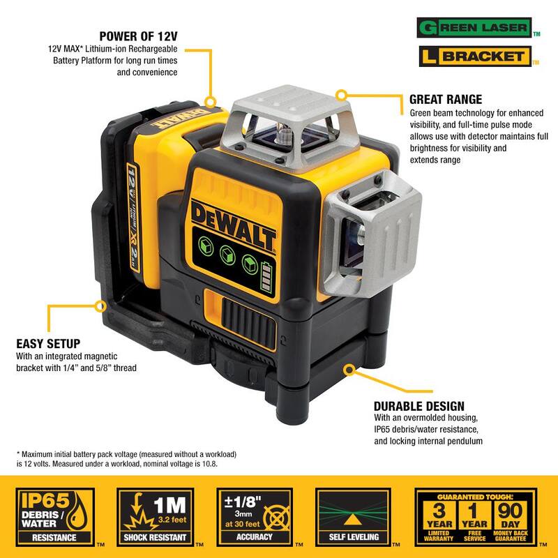 12V MAX Lithium-Ion 100 ft. Green Self-Leveling 3-Beam 360 Degree Laser Level with 2.0Ah Battery, Charger and Case