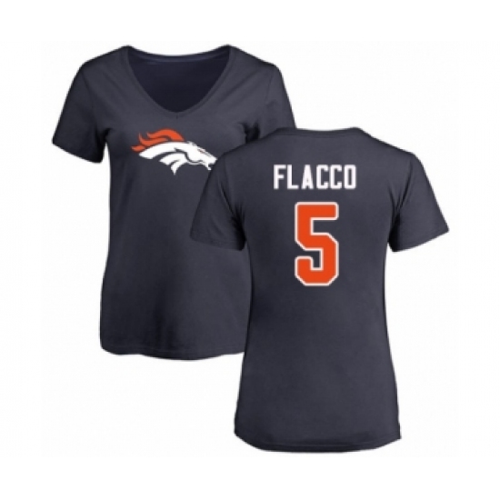 Football Women's Denver Broncos #5 Joe Flacco Navy Blue Name & Number Logo T-Shirt