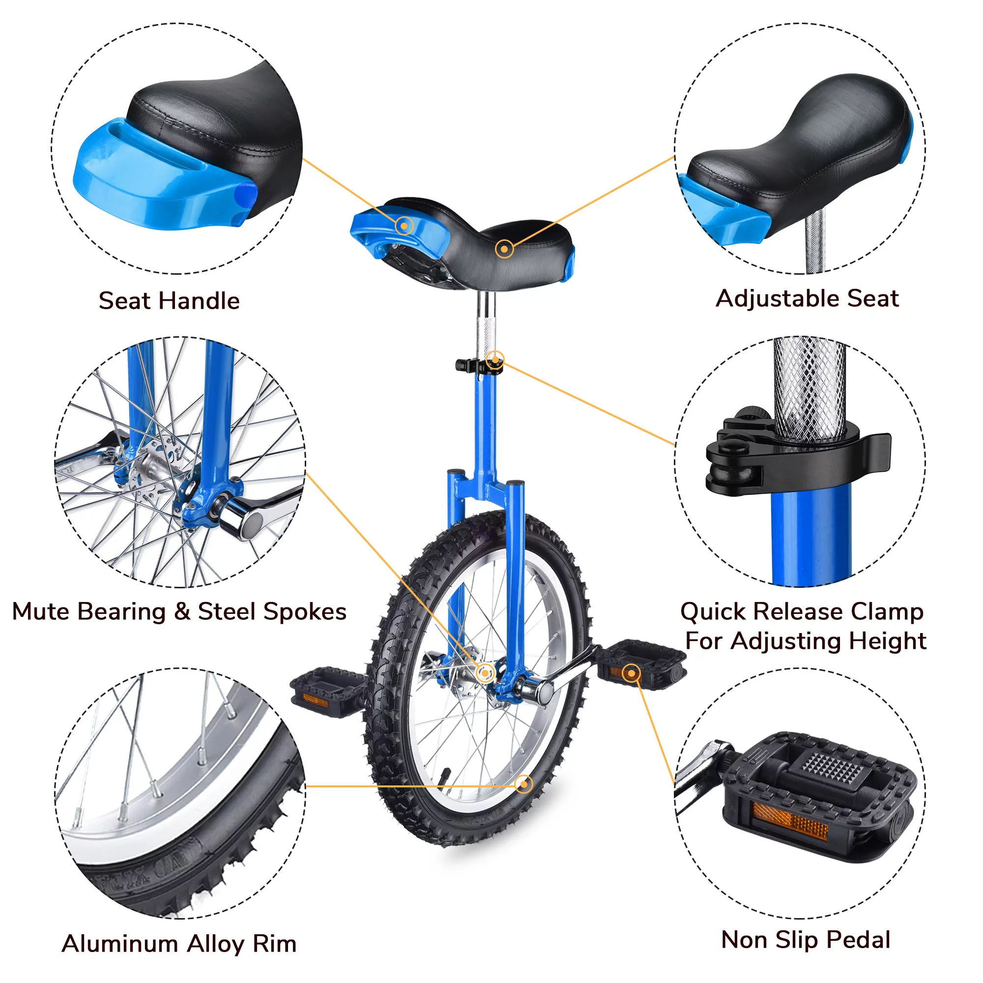 Yescom 16 In Wheel Outdoor Unicycle Adjustable Seat Exercise Bicycle Balance Training for Adults Teenagers Kids, Silver