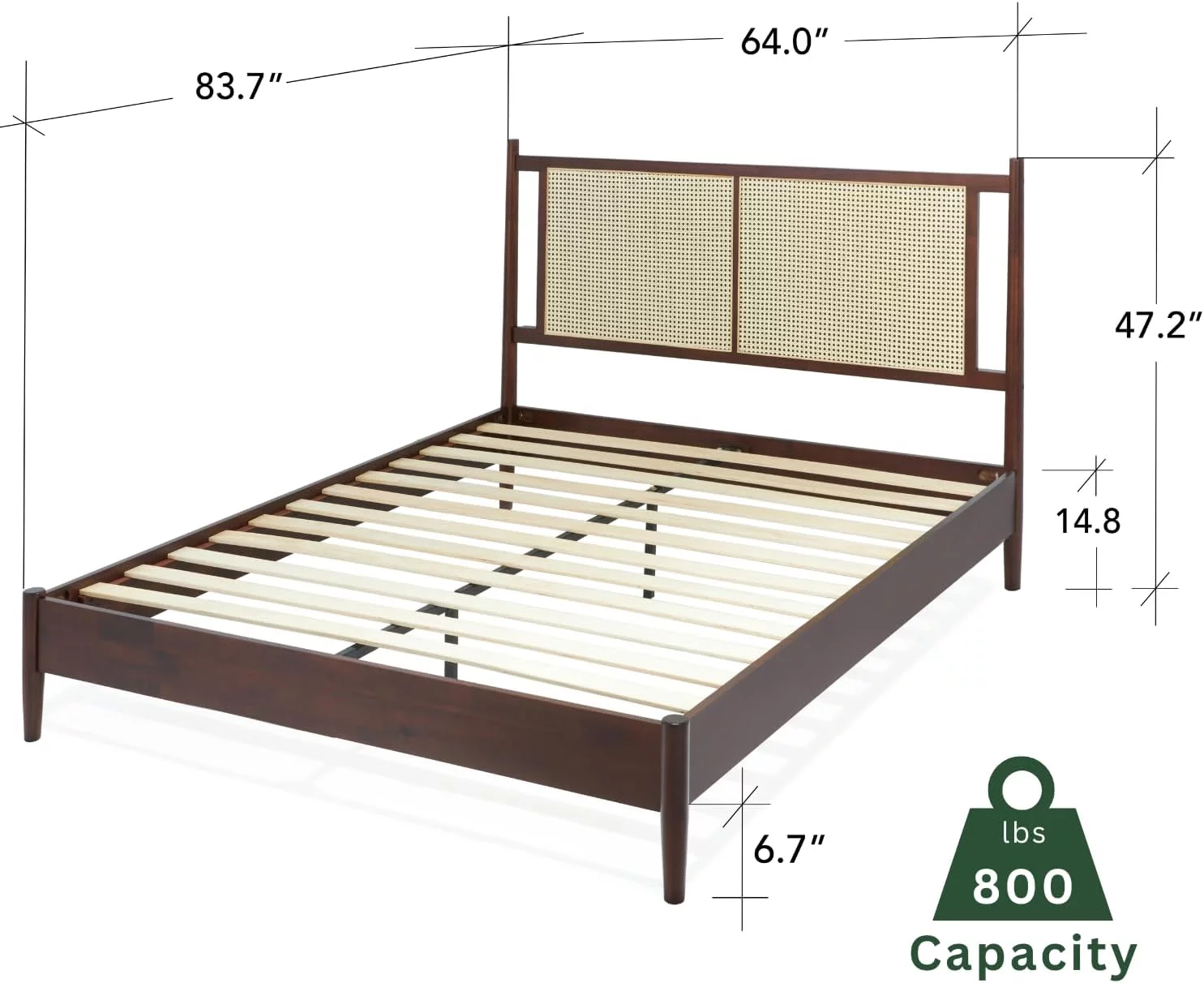 Bme Oliver 15 Inch Signature Bed Frame with Rattan Headboard - Bohemian & Mid Century Style - Acacia Wood - 12 Strong Wood Slat Support - Easy Assembly - No Box Spring Needed - Walnut, Queen - Curated Treasures Market