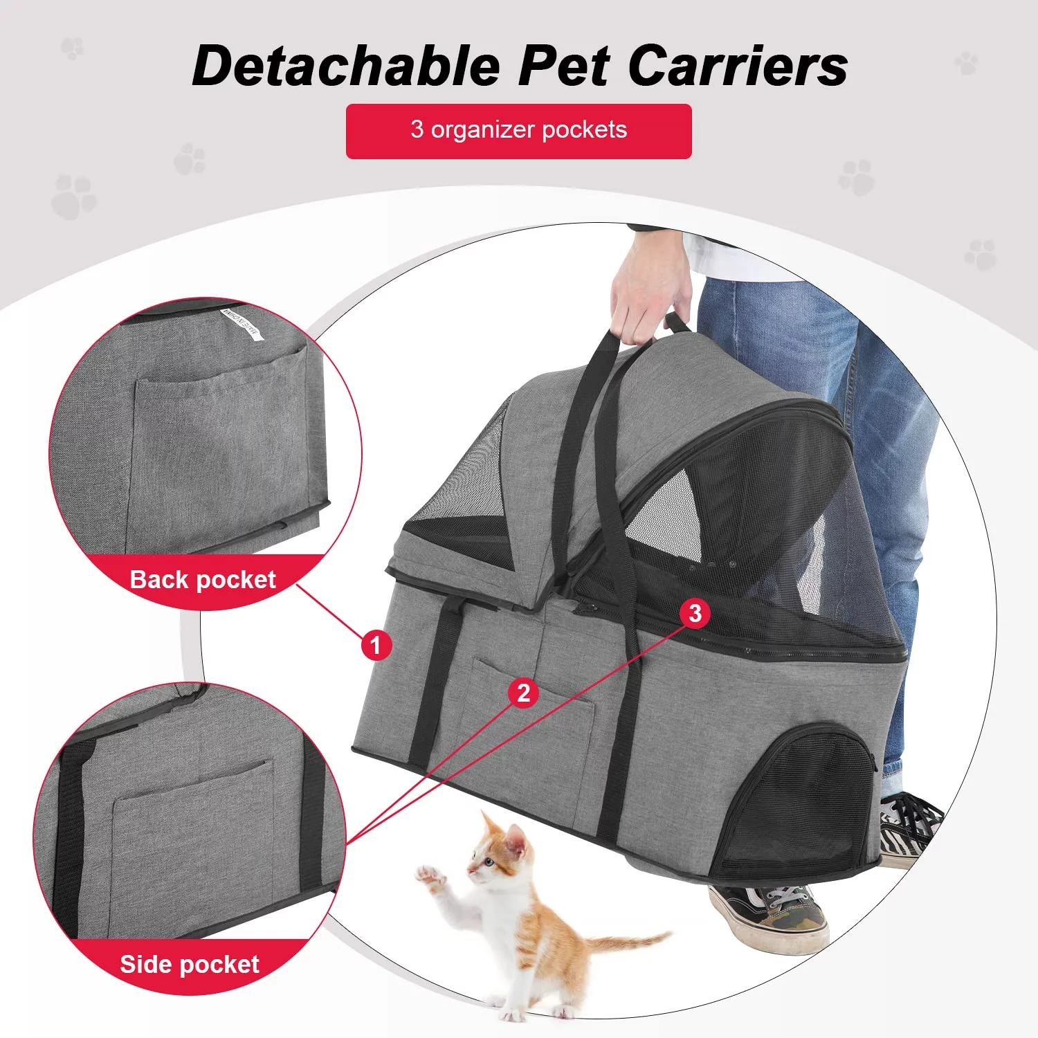 BestPet 3-in-1Pet Stroller Premium Multifunction Dog Cat with Detachable Carrier &Cup Holder,Grey - Curated Treasures Market