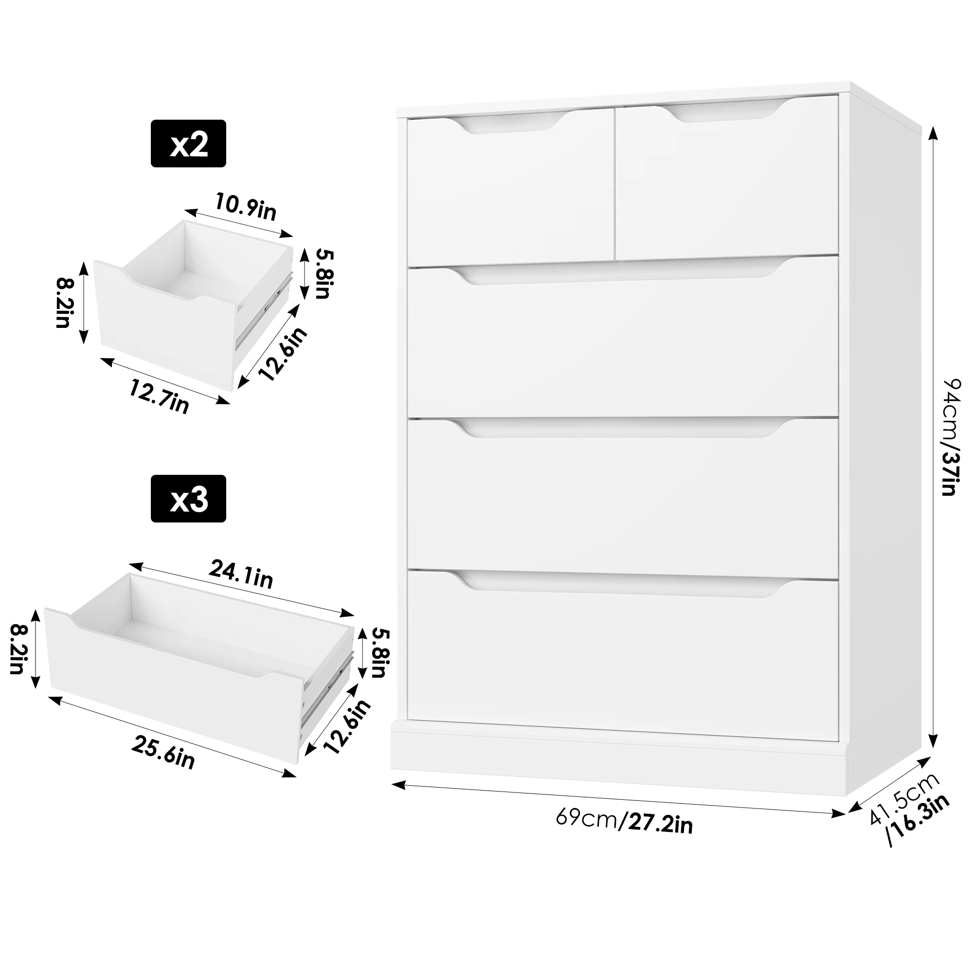 Homfa White Dresser for Bedroom, Vertical Chest of 5 Drawers Handleless Wood Storage Cabinet for Living Room