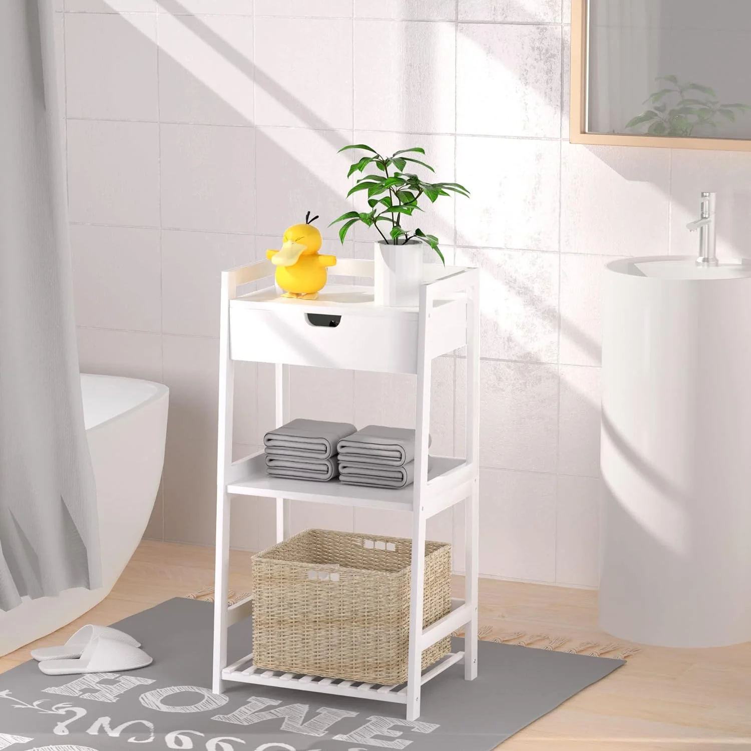 Bathroom Shelves, 3 Tier Ladder Shelf with Drawers, Bamboo Bookshelf Open Shelving, Nightstand Bookcase End Table Plant Stand for Living Room, Bedroom, Bathroom, Kitchen - Curated Treasures Market