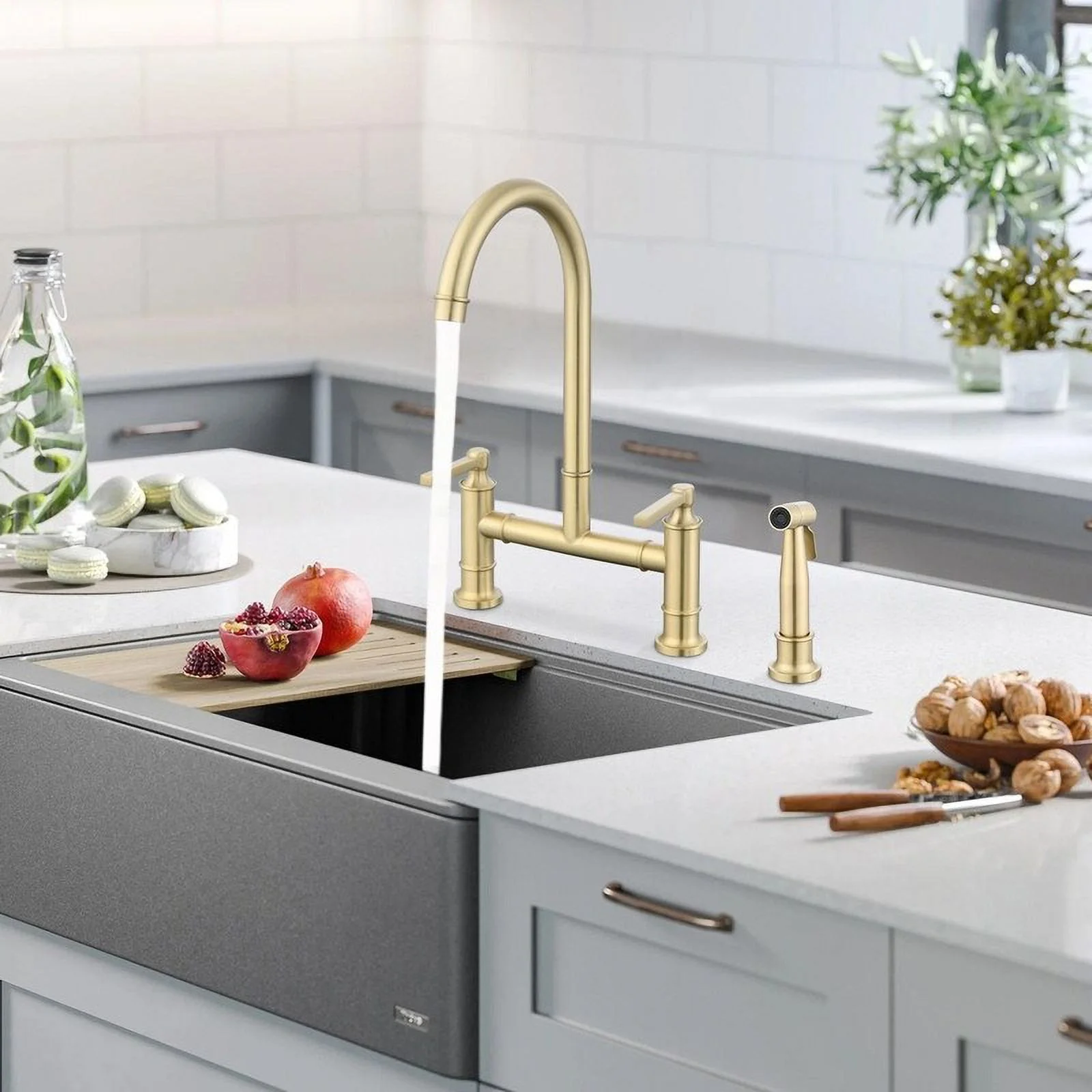 Double Handle Bridge Kitchen Faucet with Side Spray Brushed Nickel - Curated Treasures Market