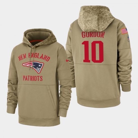 Men's New England Patriots #10 Josh Gordon 2019 Salute to Service Sideline Therma Pullover Hoodie - Tan