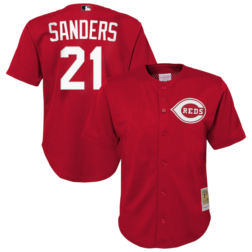 Youth Cincinnati Reds Deion Sanders Mitchell & Ness Red Cooperstown Mesh Batting Practice Jersey