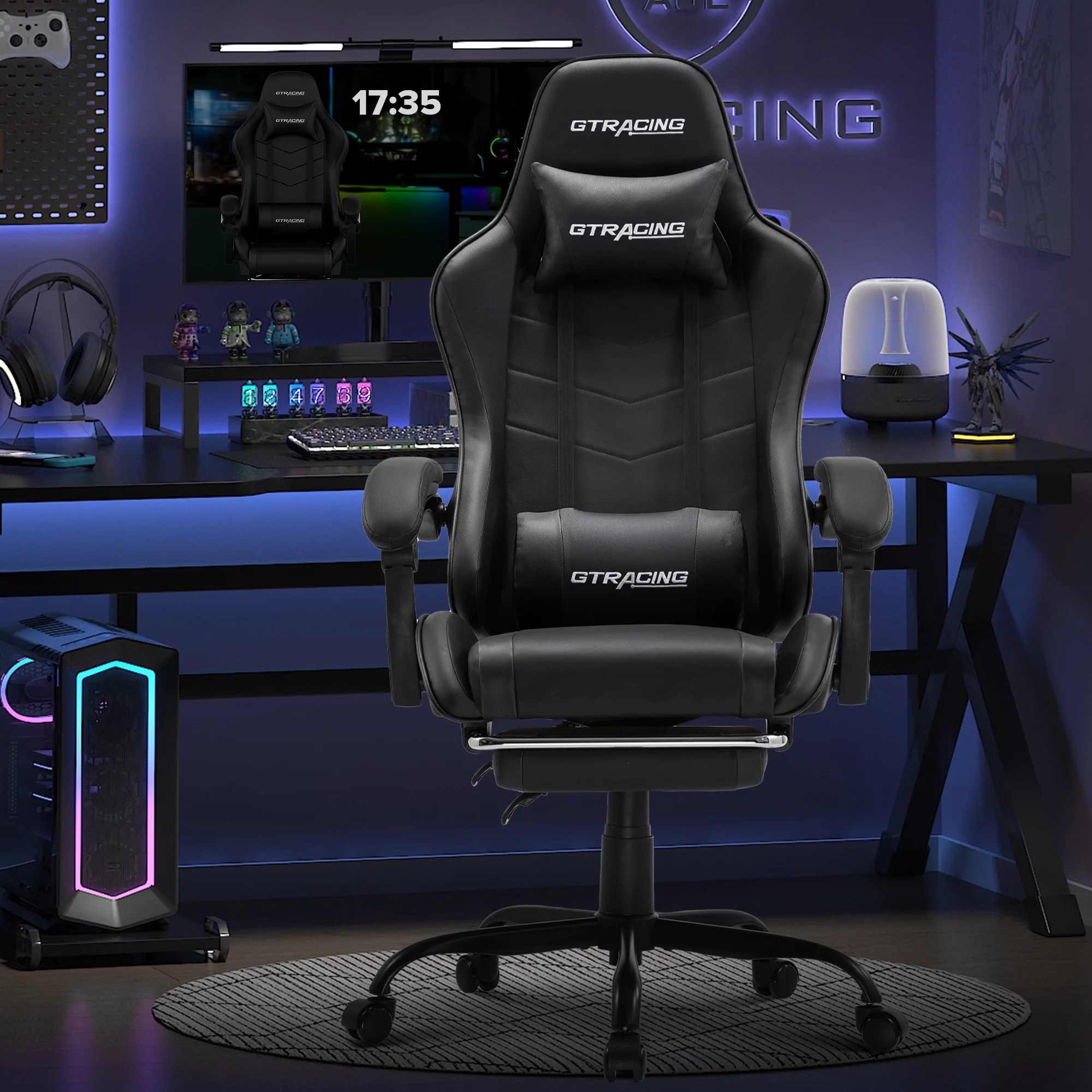 GTRACING GTWD-200 Gaming Chair with Footrest, Height Adjustable Office Swivel Recliner, Blue