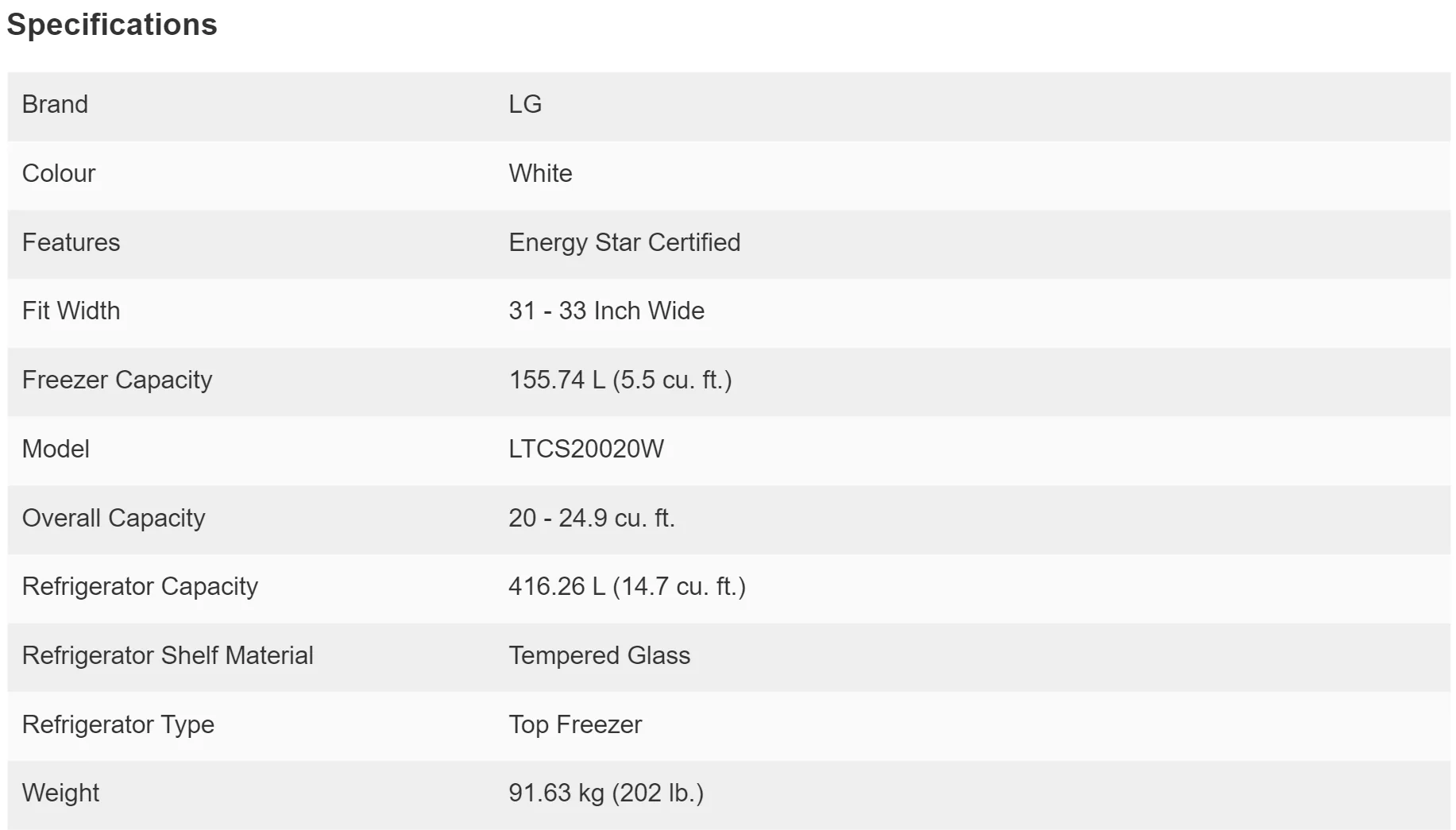 LG 30 IN. 20 CU. FT. WHITE TOP MOUNT REFRIGERATOR WITH MULTI-AIR FLOW COOLING - LTCS20020W